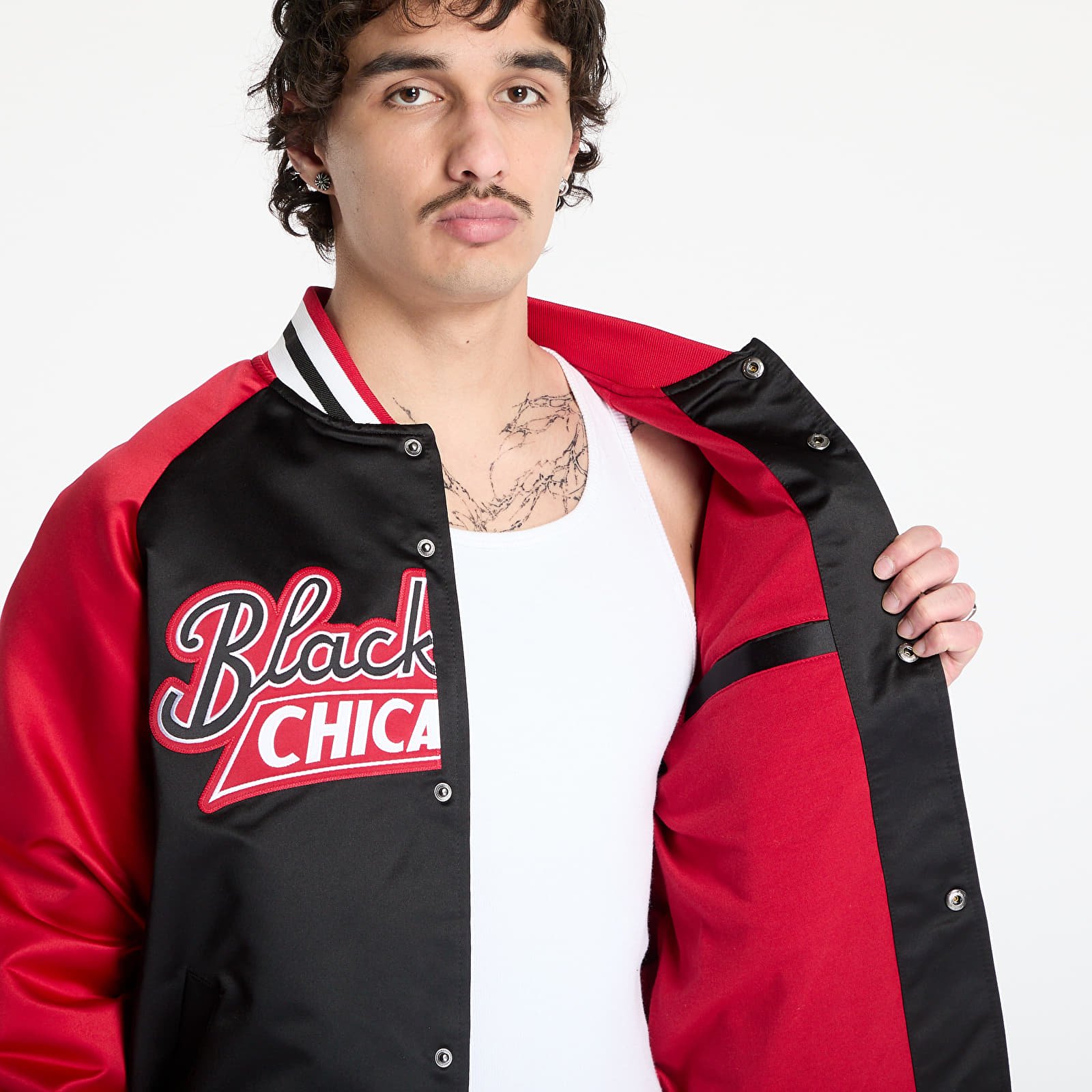 Casacos Mitchell & Ness NHL Double Clutch Lw Satin Vintage Logo Blackhawks Jacket Black/ Scarlet
