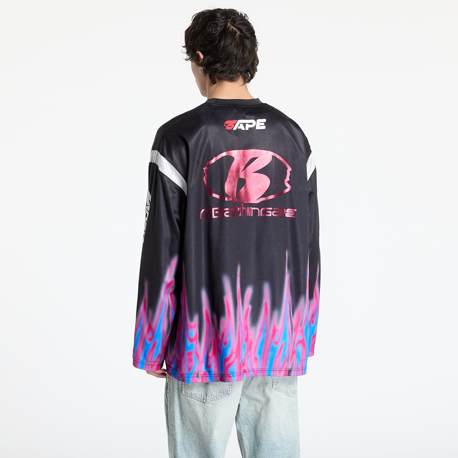 Jerseys A BATHING APE Flame Pattern Multilogo Relaxed Fit Football Jersey UNISEX Black