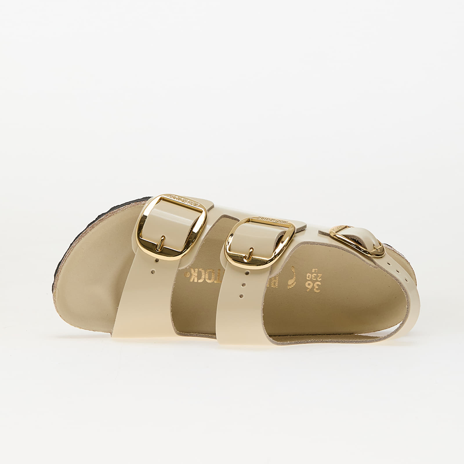 Damen Sneaker und Schuhe Birkenstock Milano Big Buckle Natural Leather Patent High-Shine Ecru