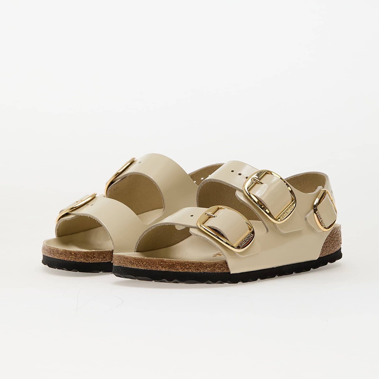 Damen Sneaker und Schuhe Birkenstock Milano Big Buckle Natural Leather Patent High-Shine Ecru