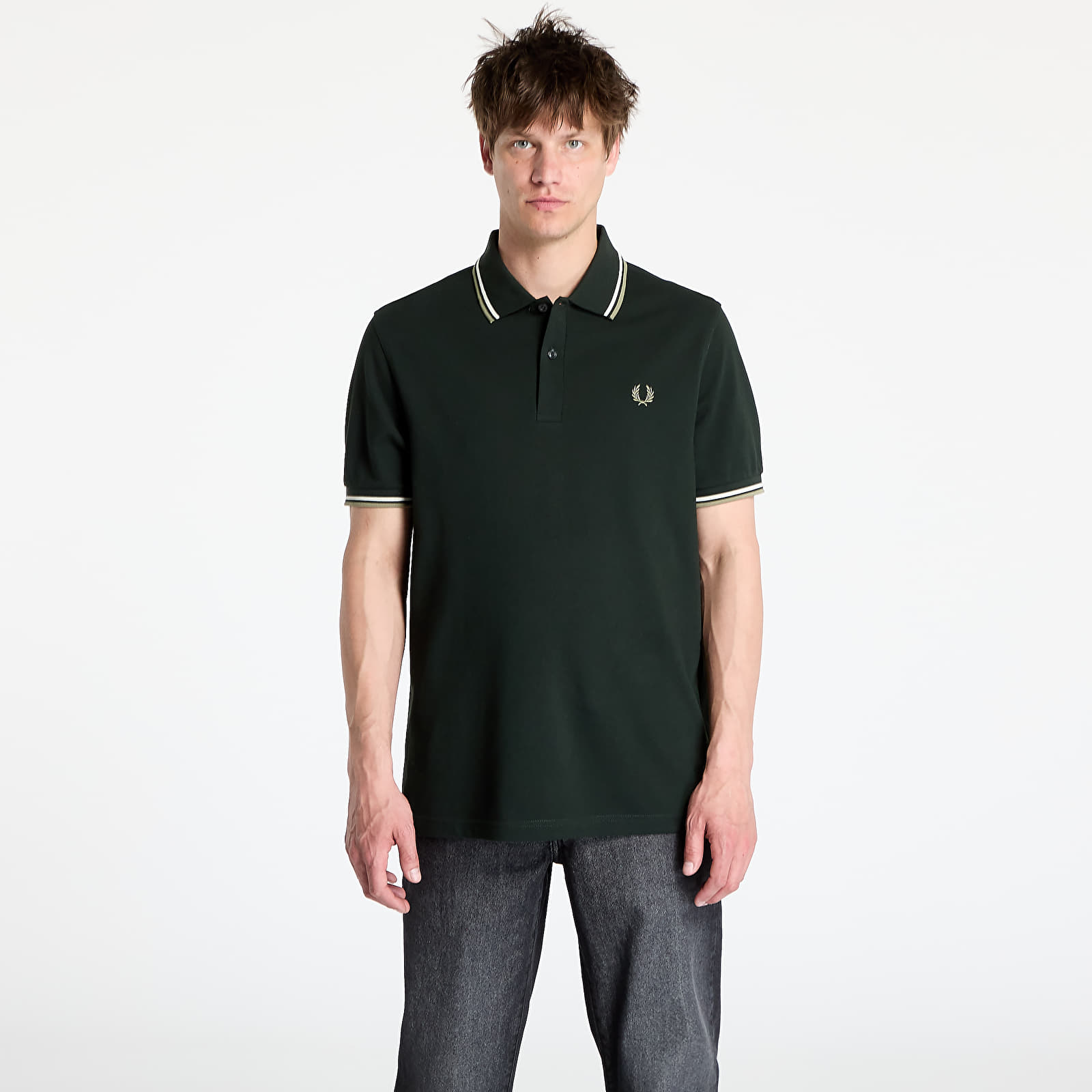 Polo tričká FRED PERRY Twin Tipped Shirt Night Green/ Light Ecru/ Olive Mint