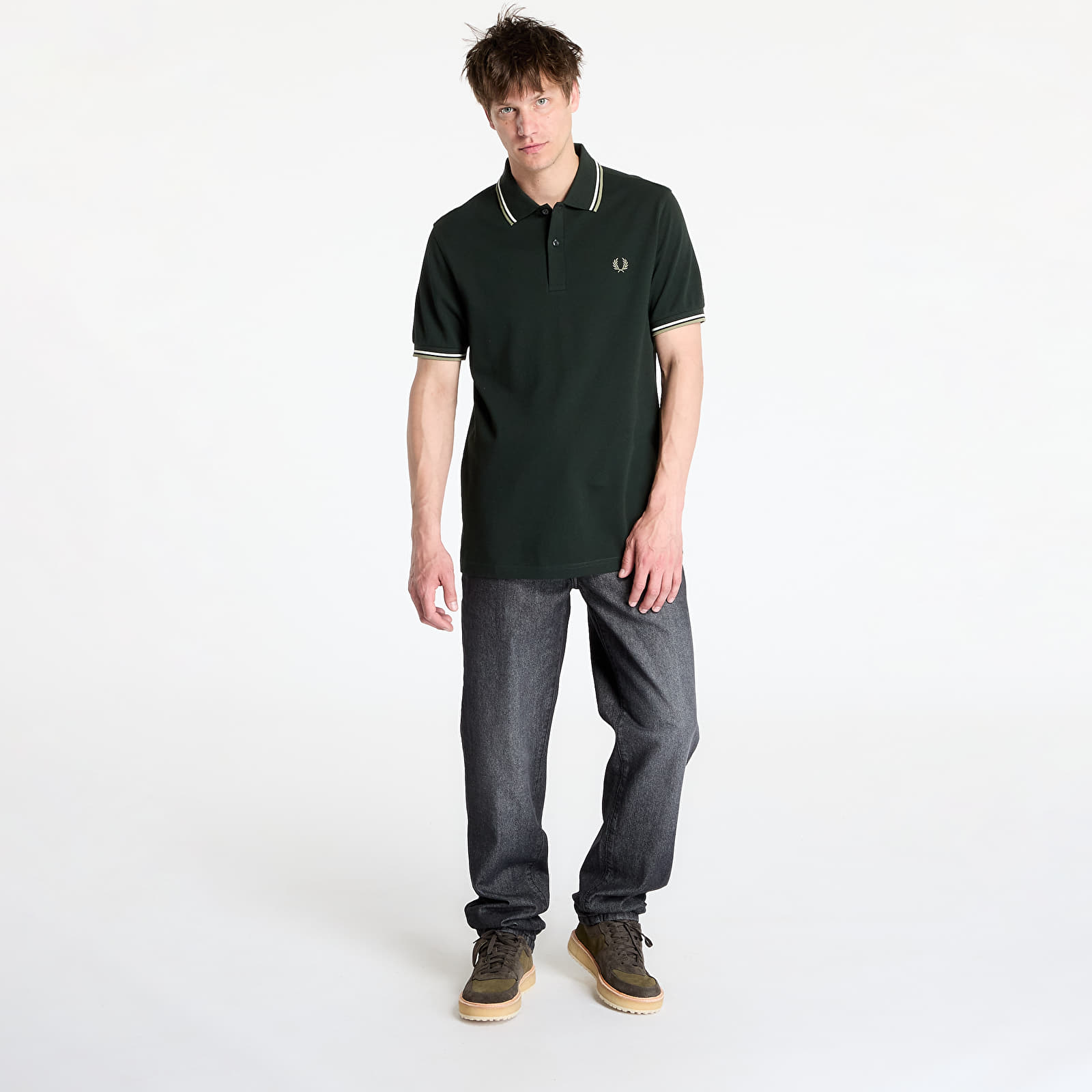 Polo tričká FRED PERRY Twin Tipped Shirt Night Green/ Light Ecru/ Olive Mint