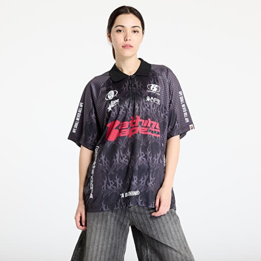 Camiseta A BATHING APE Flame Pattern Overall Print Half Zip Relax Fit Polo Shirt UNISEX Black