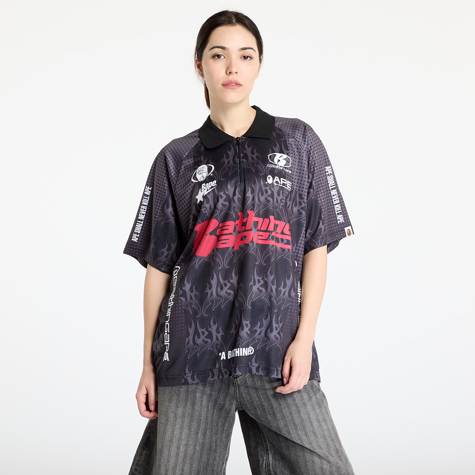 Tricouri  A BATHING APE Flame Pattern Overall Print Half Zip Relax Fit Polo Shirt UNISEX Black