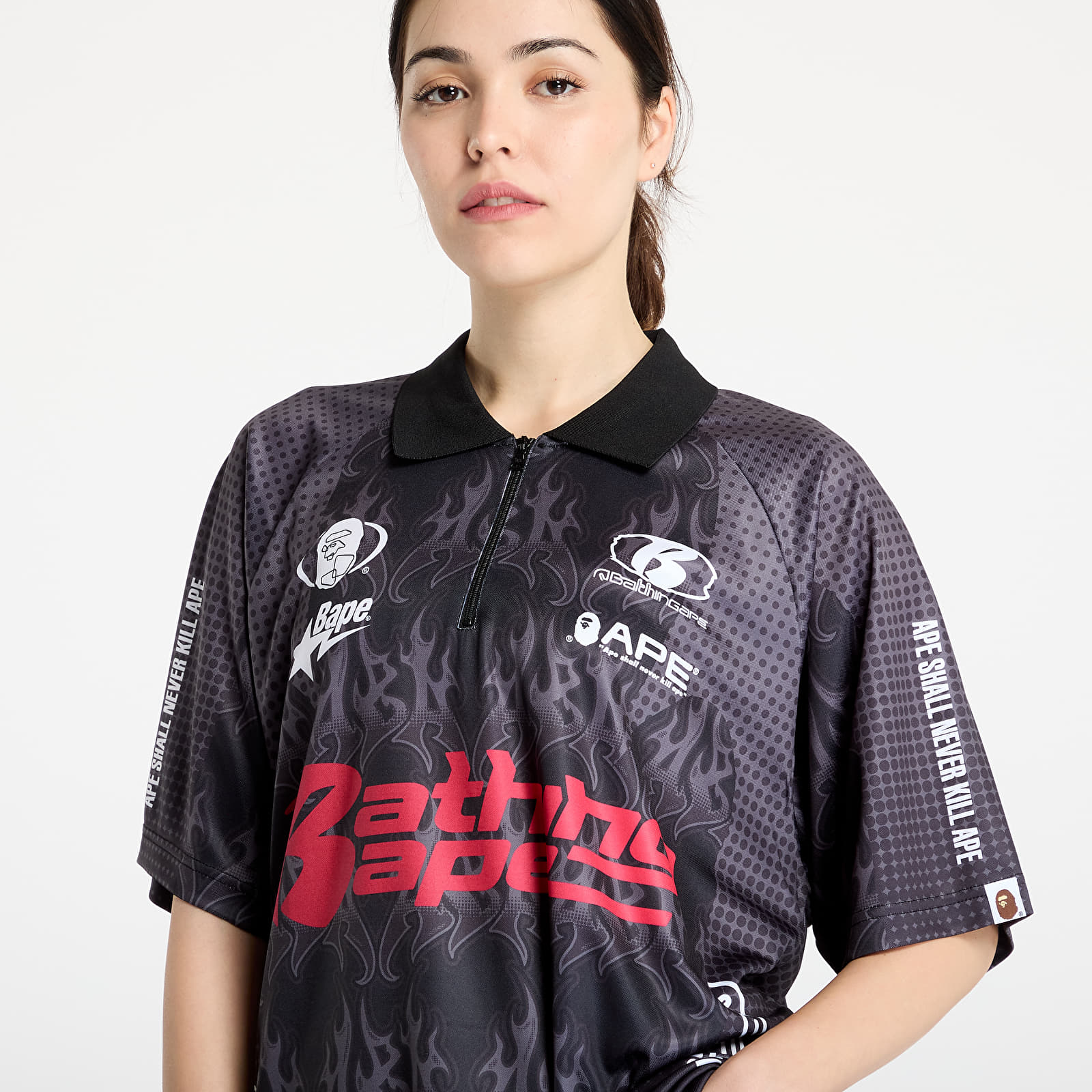 Tricouri  A BATHING APE Flame Pattern Overall Print Half Zip Relax Fit Polo Shirt UNISEX Black