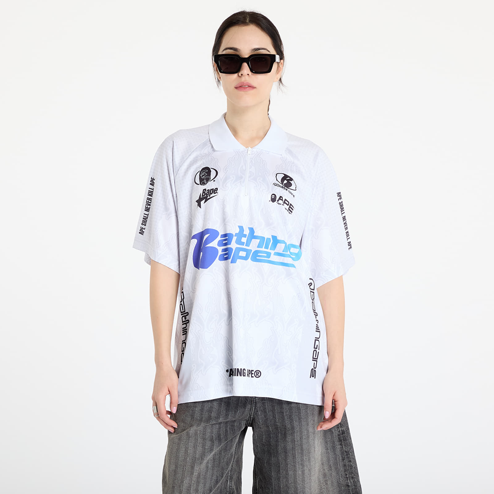 T-shirts A BATHING APE Flame Pattern Overall Print Half Zip Relax Fit Polo Shirt UNISEX White