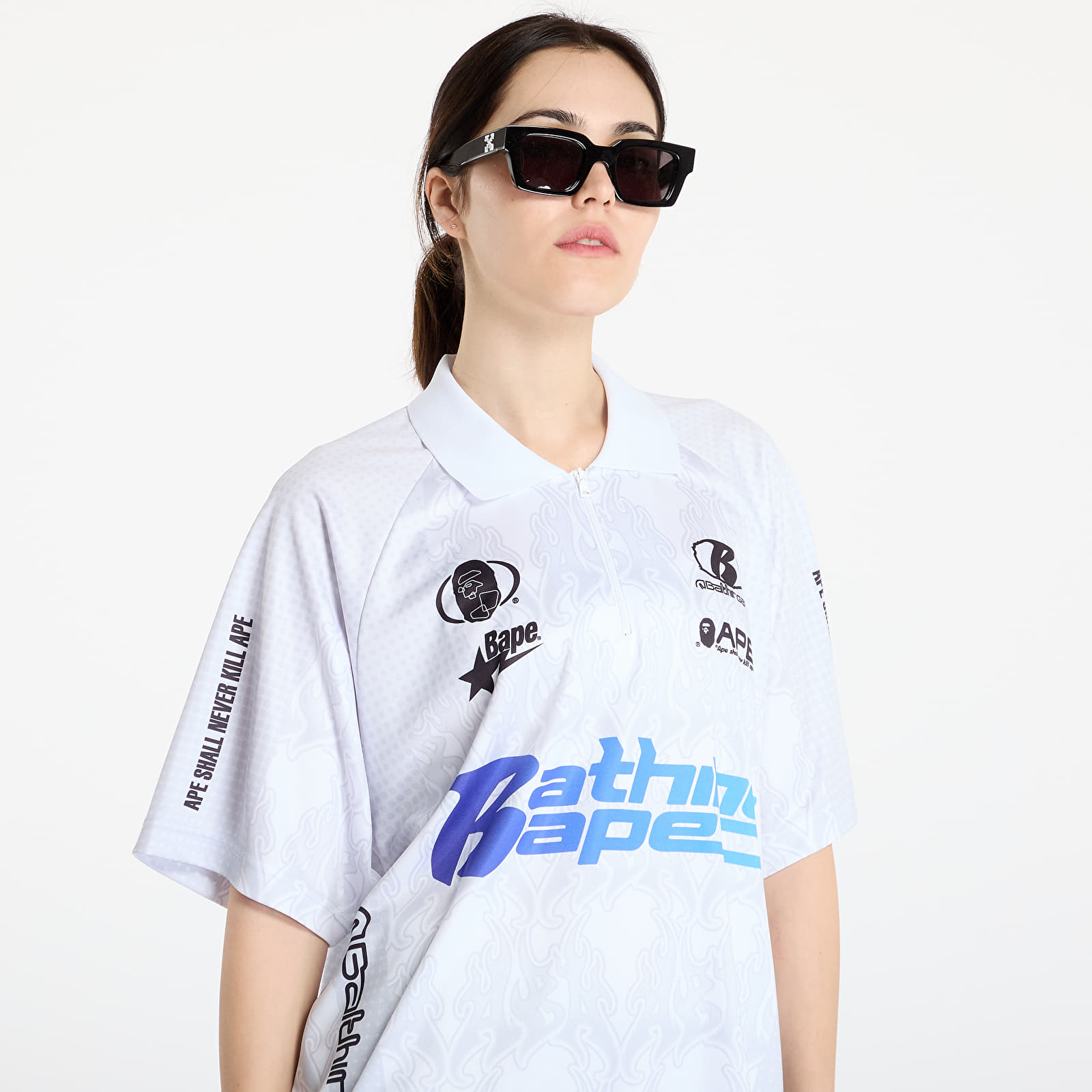 T-shirts A BATHING APE Flame Pattern Overall Print Half Zip Relax Fit Polo Shirt UNISEX White