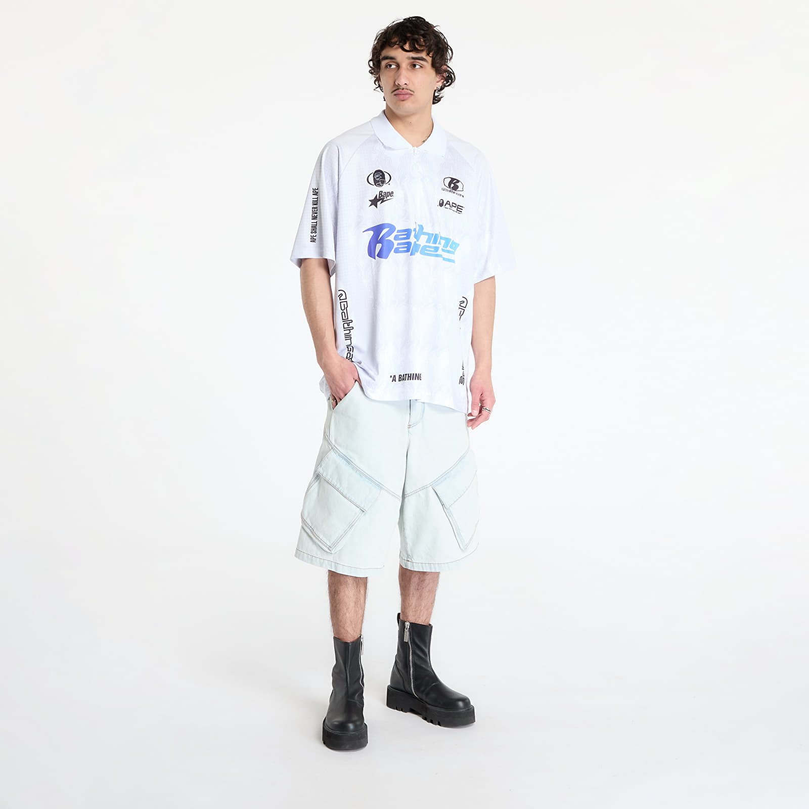 T-shirts A BATHING APE Flame Pattern Overall Print Half Zip Relax Fit Polo Shirt UNISEX White