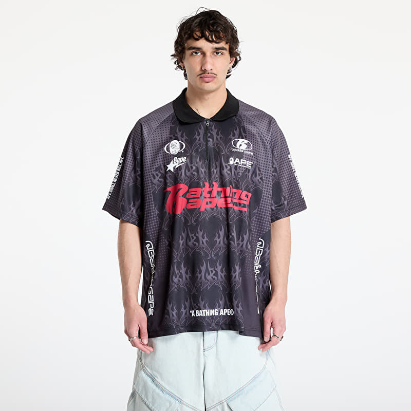 A BATHING APE Flame Pattern Overall Print Half Zip Relax Fit Polo Shirt UNISEX Black