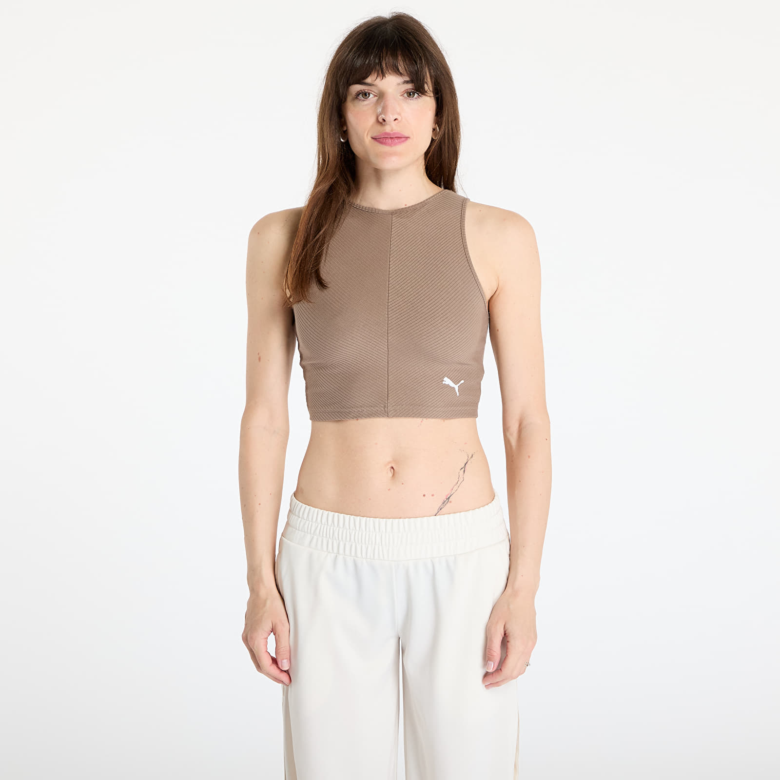 Női topok Puma Wardrobe Essentials Ribbed Crop Top Totally Taupe