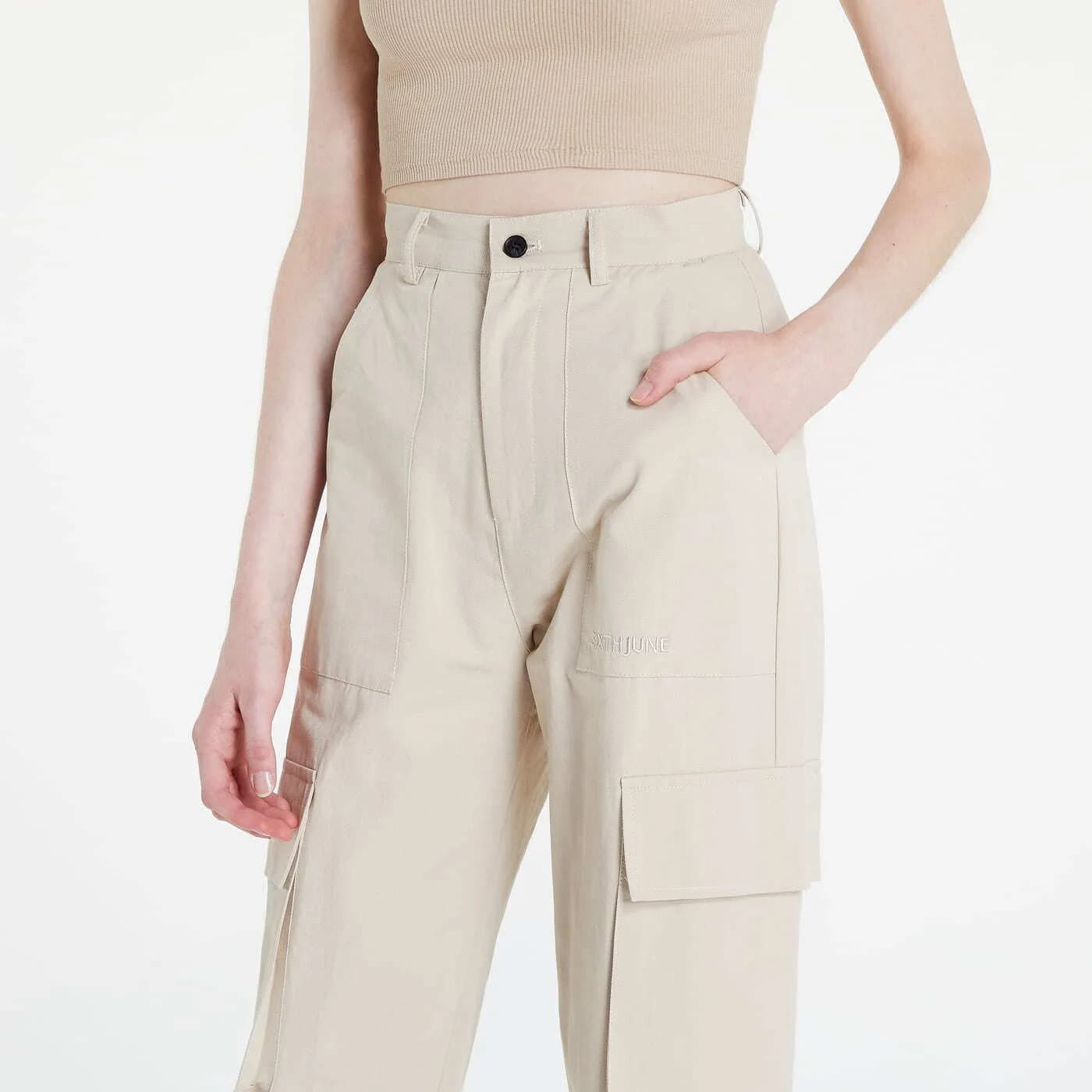 Cargobukser for kvinner Sixth June Wide Leg Cargo Pants Cream