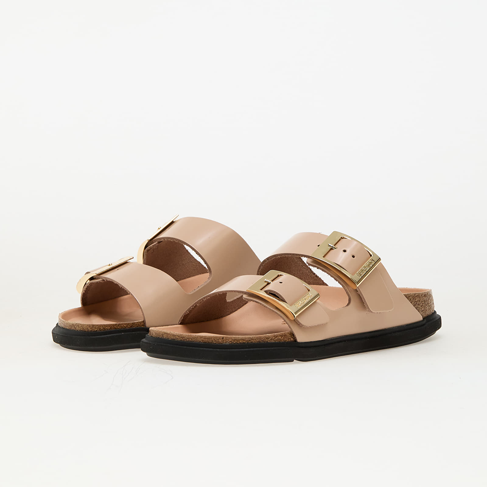 Női cipők Birkenstock Arizona Droplet Buckle Natural Leather Patent High-Shine New Beige