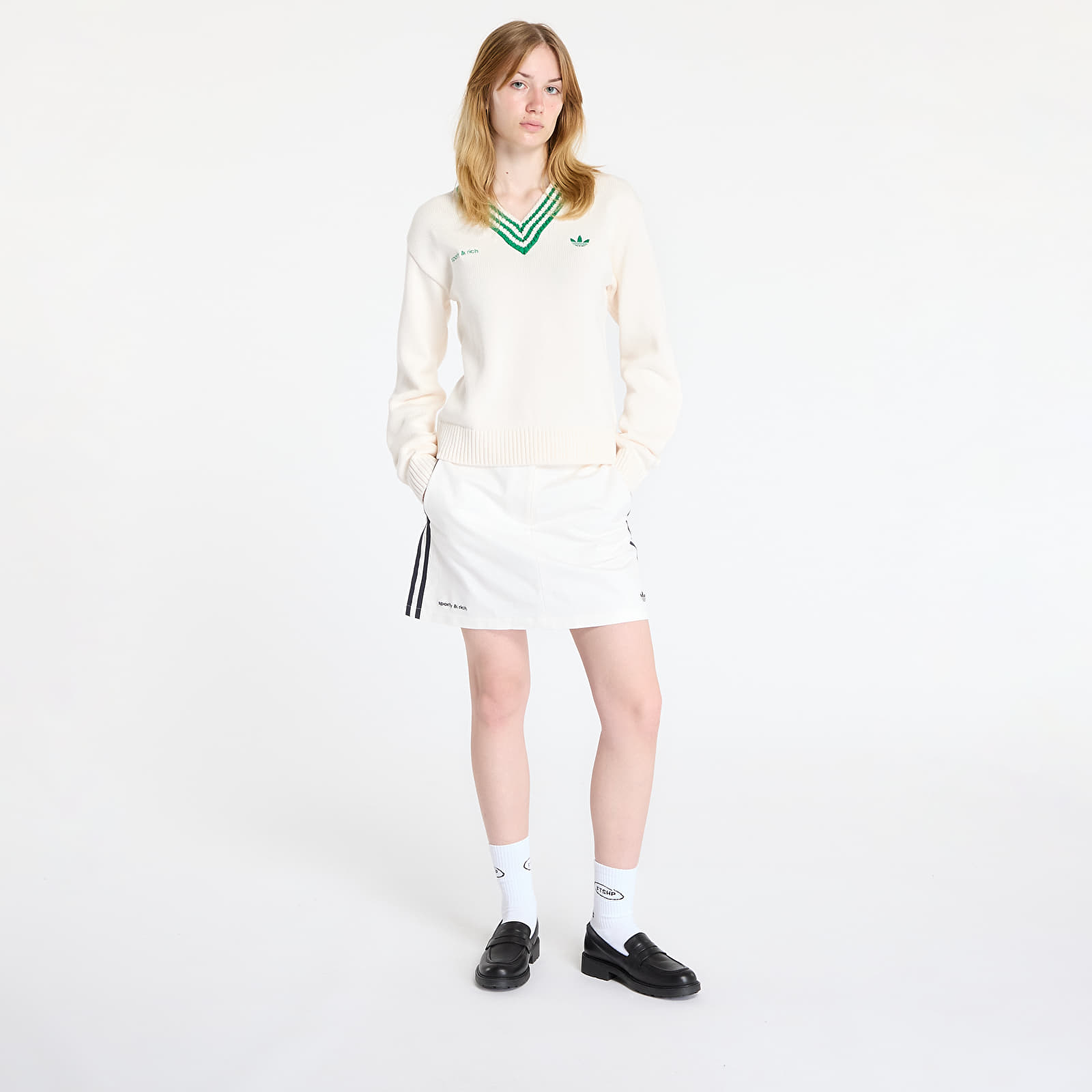 Pulóverek adidas x Sporty & Rich V-Neck Sweater White/ Off White/ Night Navy