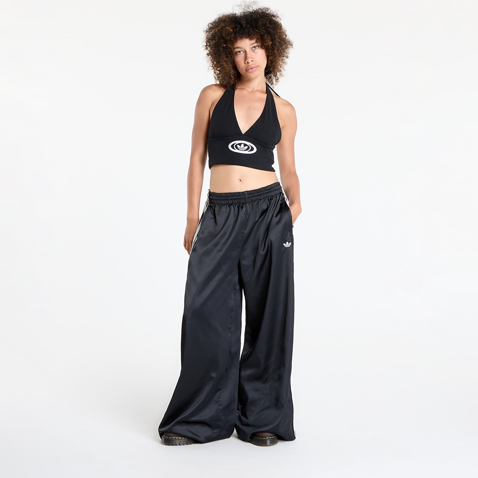 Kalhoty adidas Originals Satin Wide Leg Tracksuit Bottoms Ruffle 3-Stripes Black