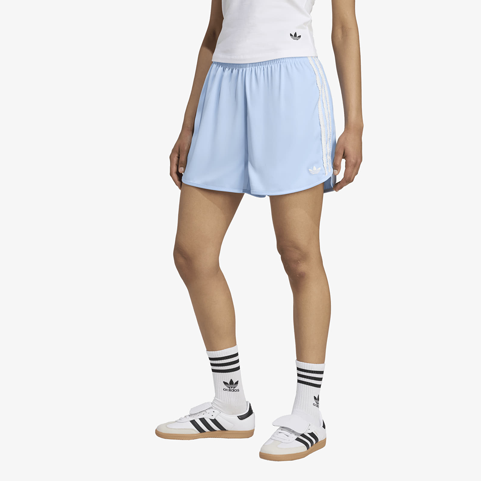 Moteriški šortai adidas Originals Satin Shorts Ruffle 3-Stripes Clear Sky/ Grey Three