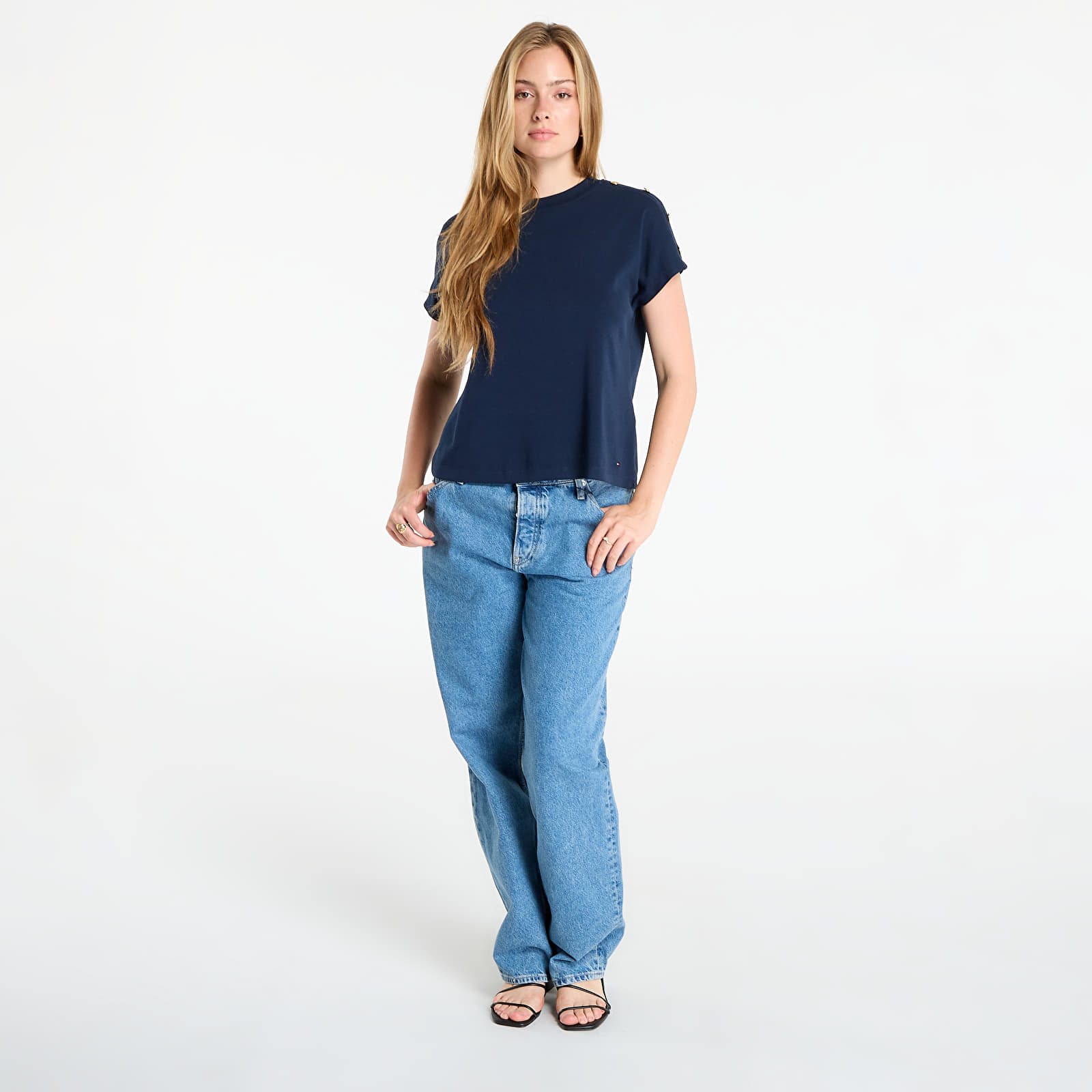 Damen T-Shirts Tommy Hilfiger Gold Button Ss Tee Navy