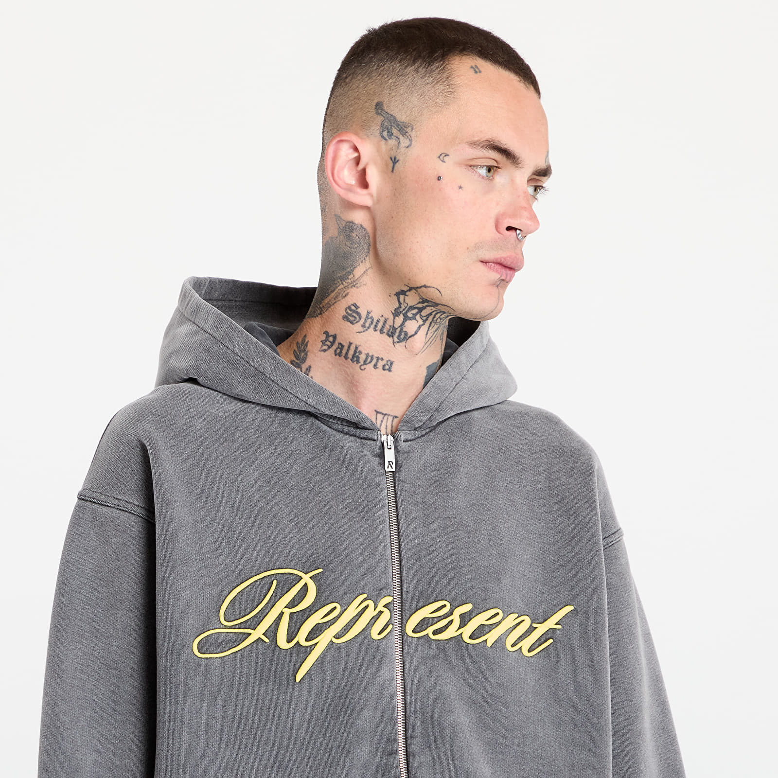 Džemperiai su gobtuvais ir džemperiai REPRESENT Script Logo Zip Hoodie Vintage Grey