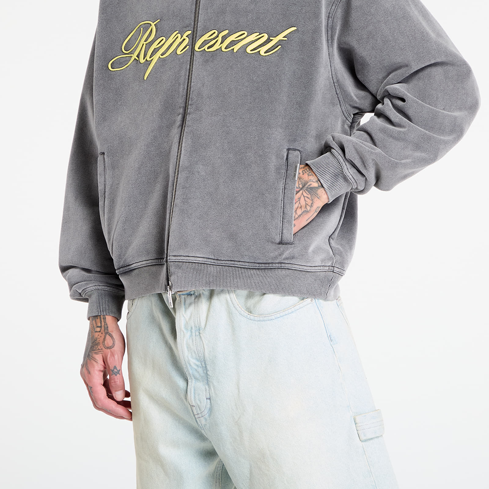 Džemperiai su gobtuvais ir džemperiai REPRESENT Script Logo Zip Hoodie Vintage Grey
