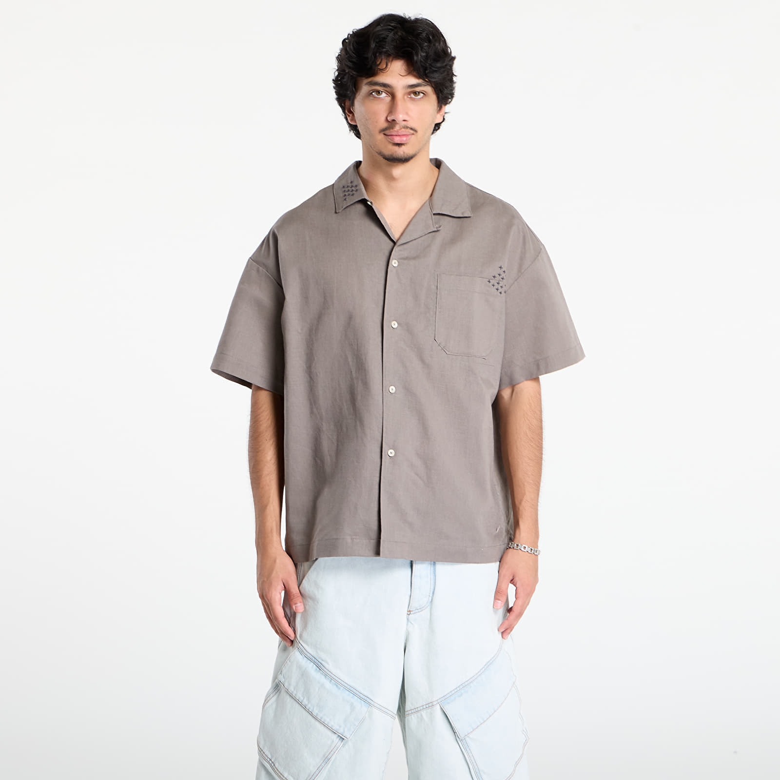 Cămașă Nike Life Mens Linen Short-Sleeve Button Down Cave Stone/ Anthracite/ Cave Stone M