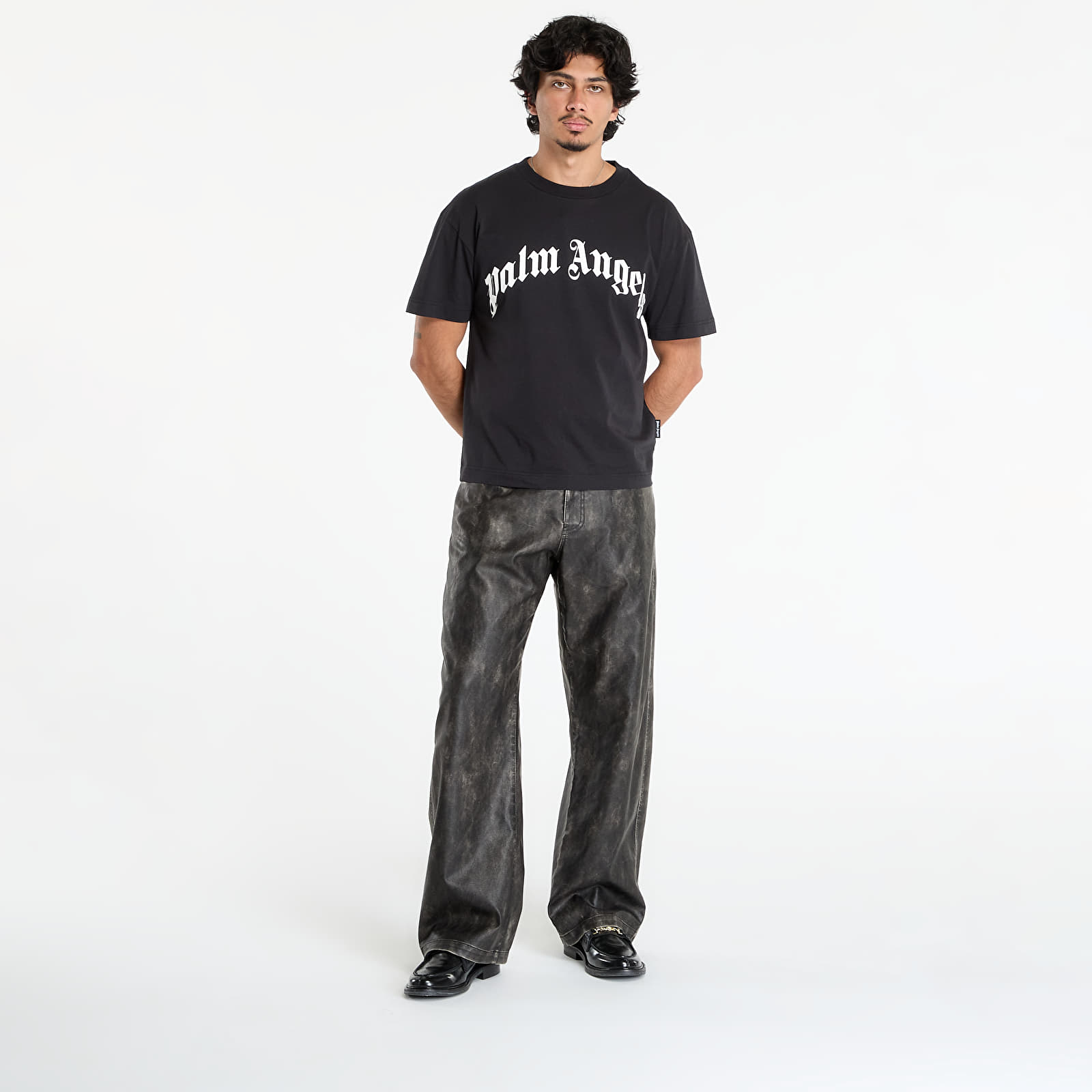 Pants Palm Angels Curved Logo Coated Pants Dark Grey/ Black