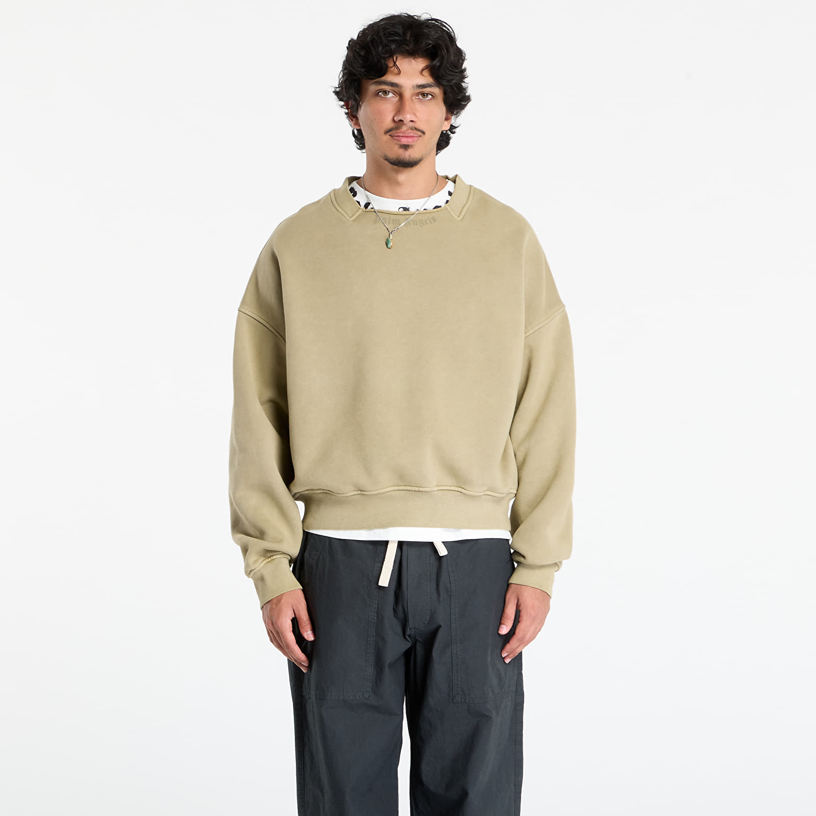 Hoodies and sweatshirts  Palm Angels Curved Logo Loose Collar Crew Army Green/ Dark Green