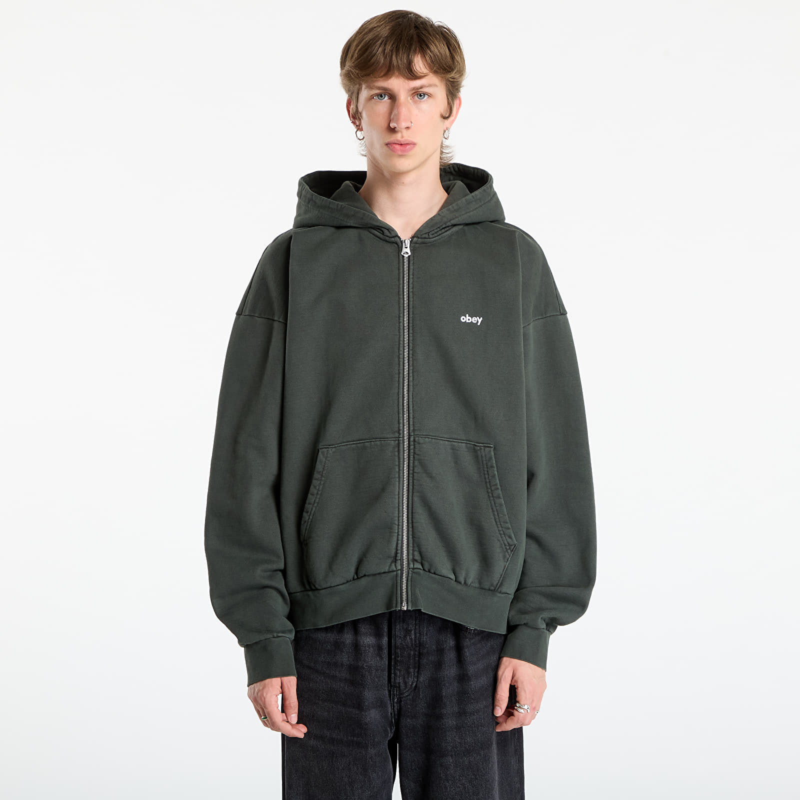 Kapucnis pulóverek és pulcsik OBEY Lowercase Pigment Zip Hood Pigment Pirate Black