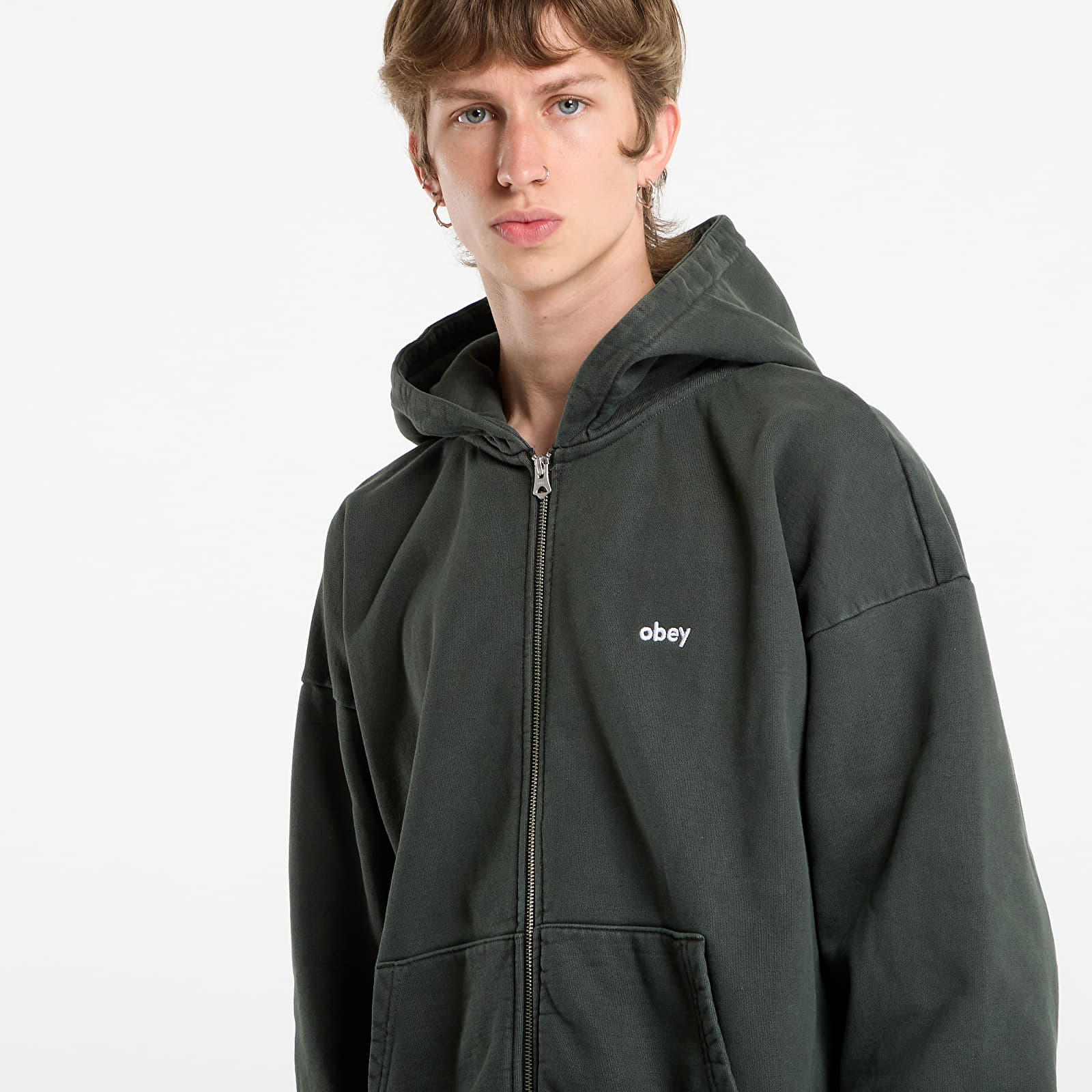 Kapucnis pulóverek és pulcsik OBEY Lowercase Pigment Zip Hood Pigment Pirate Black