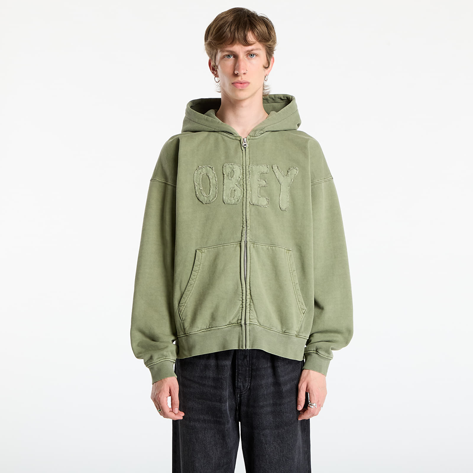 Kapucnis pulóverek és pulcsik OBEY Hybrid Faded Zip Hood Deep Lichen Green Faded Wash