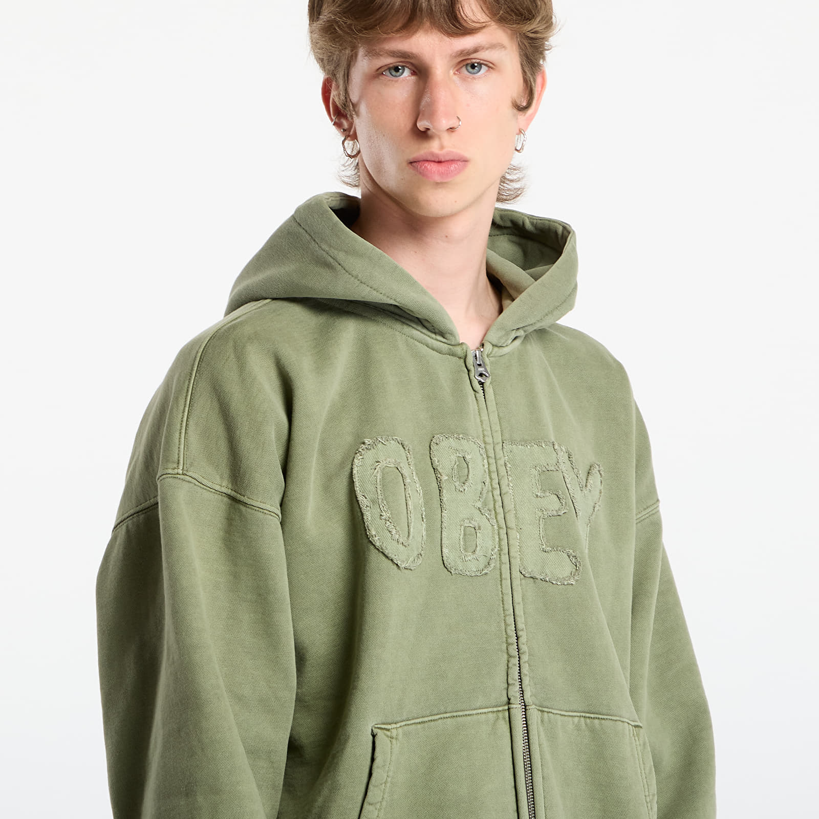 Kapucnis pulóverek és pulcsik OBEY Hybrid Faded Zip Hood Deep Lichen Green Faded Wash