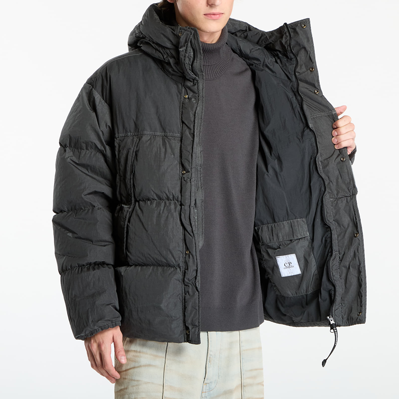 Miesten takit C.P. Company Eco-Chrome R Mixed Hooded Down Jacket Dark Shadow Grey
