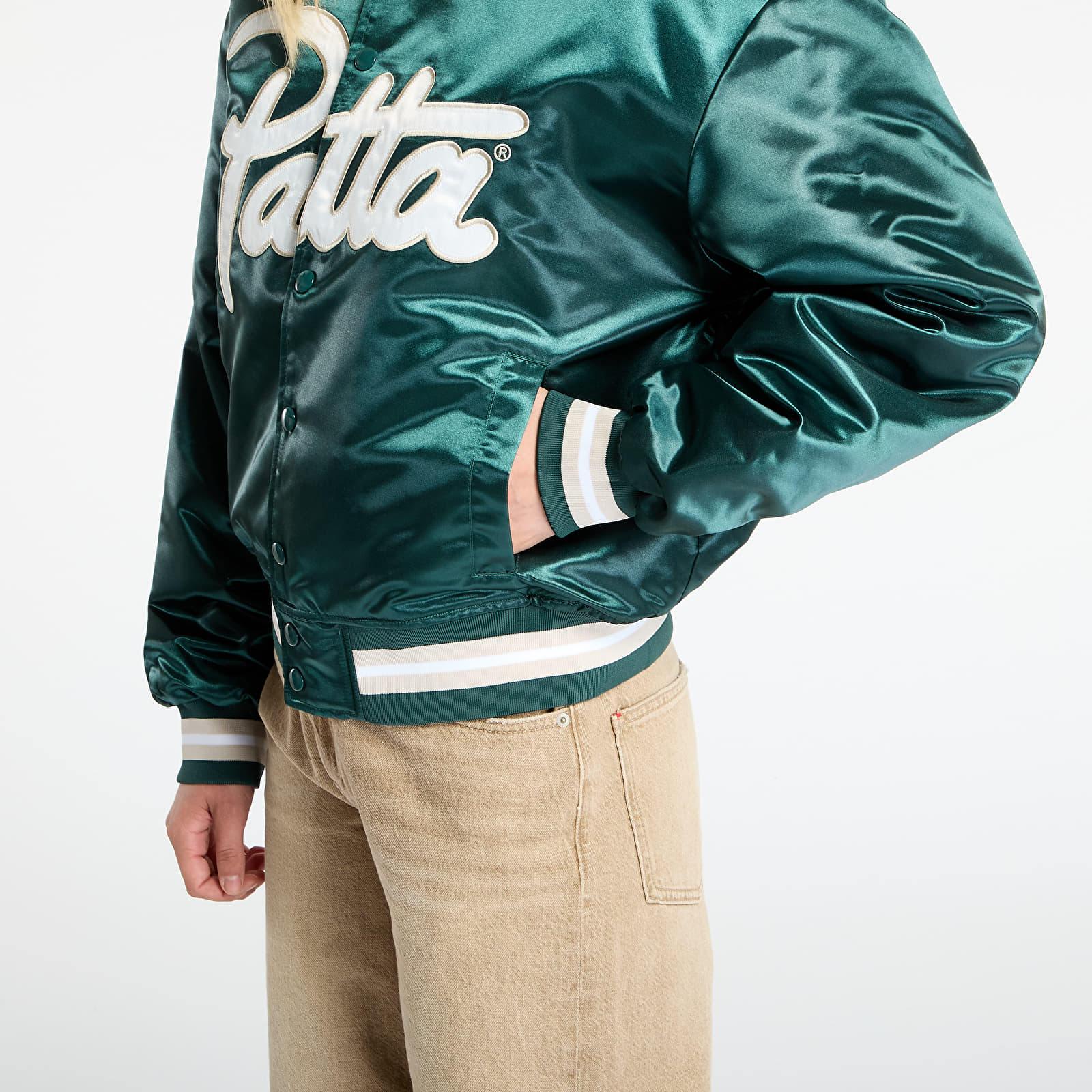 Takit Patta Script Logo Satin Varsity Jacket UNISEX Bistro Green