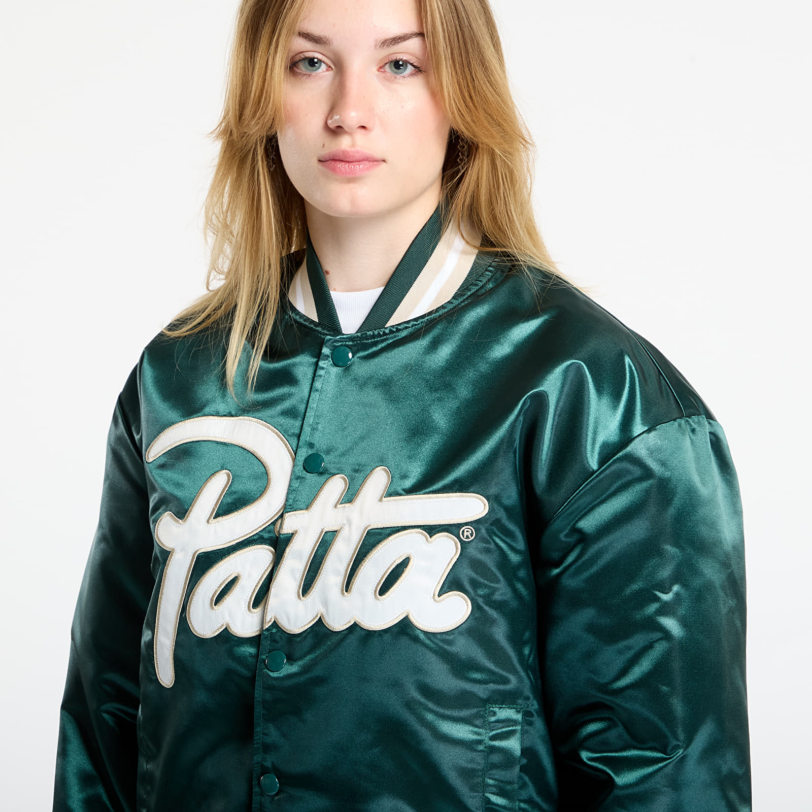 Takit Patta Script Logo Satin Varsity Jacket UNISEX Bistro Green