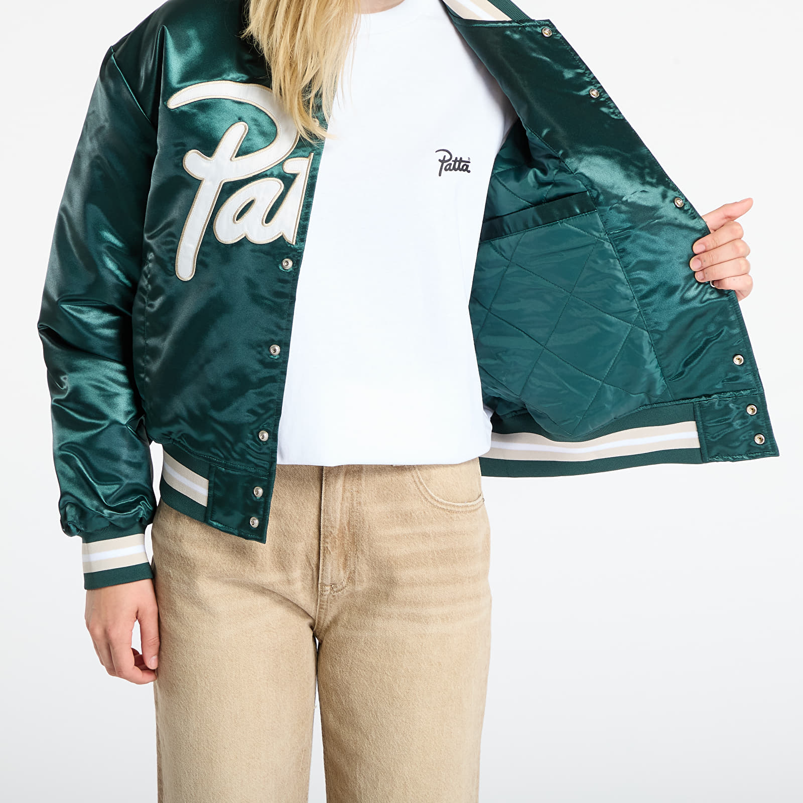 Takit Patta Script Logo Satin Varsity Jacket UNISEX Bistro Green