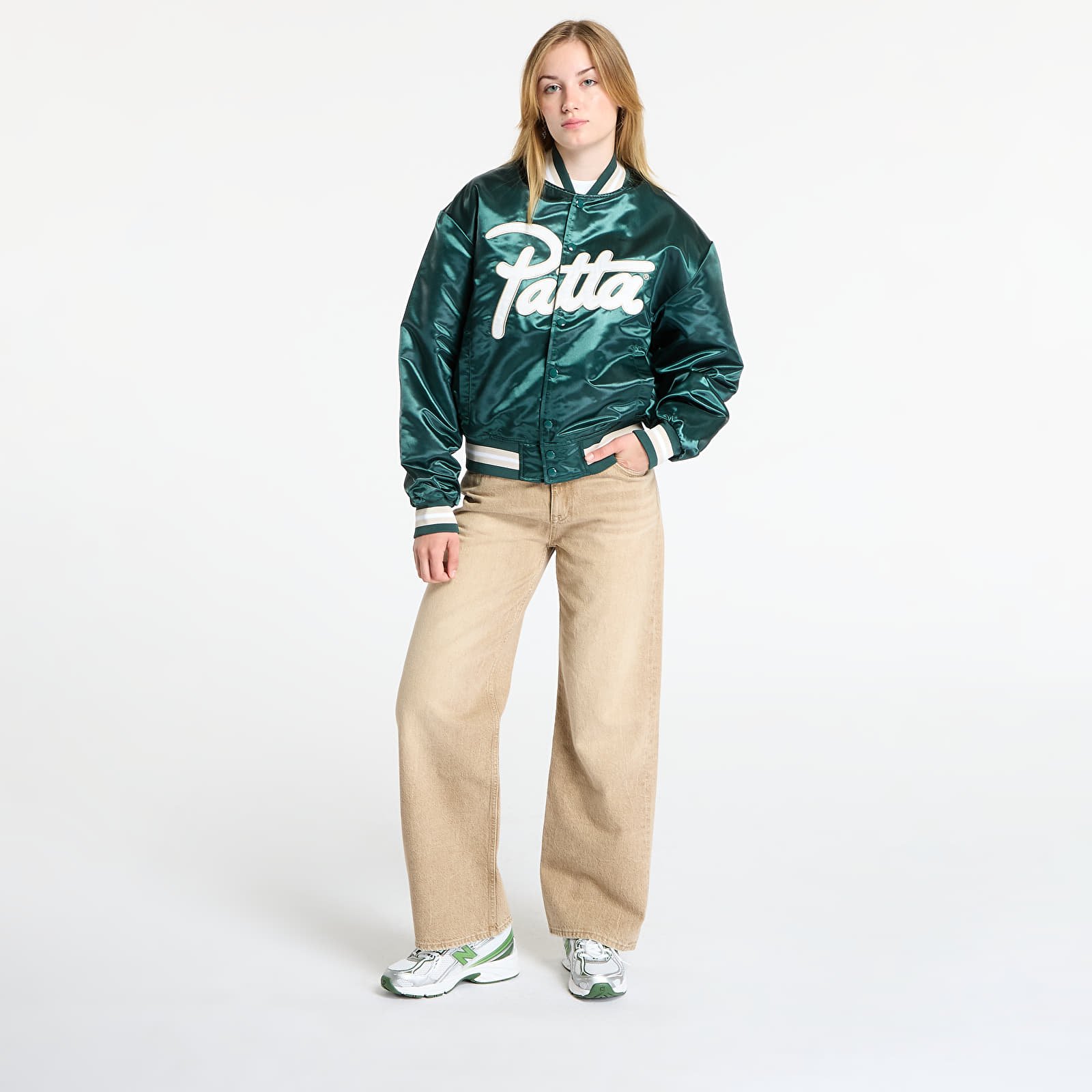 Takit Patta Script Logo Satin Varsity Jacket UNISEX Bistro Green