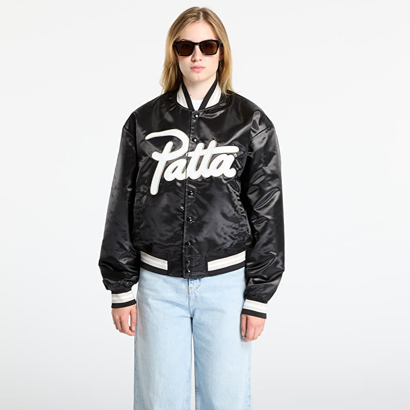 Patta Script Logo Satin Varsity Jacket UNISEX Black | Footshop