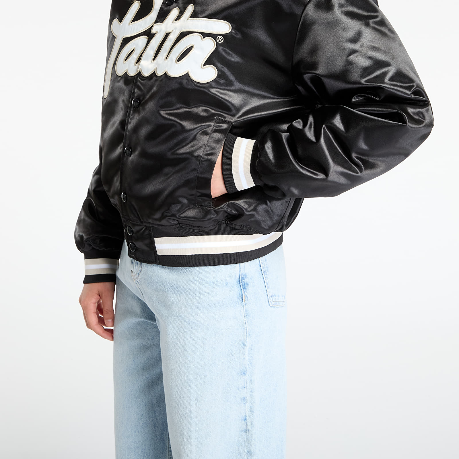 Takit Patta Script Logo Satin Varsity Jacket UNISEX Black