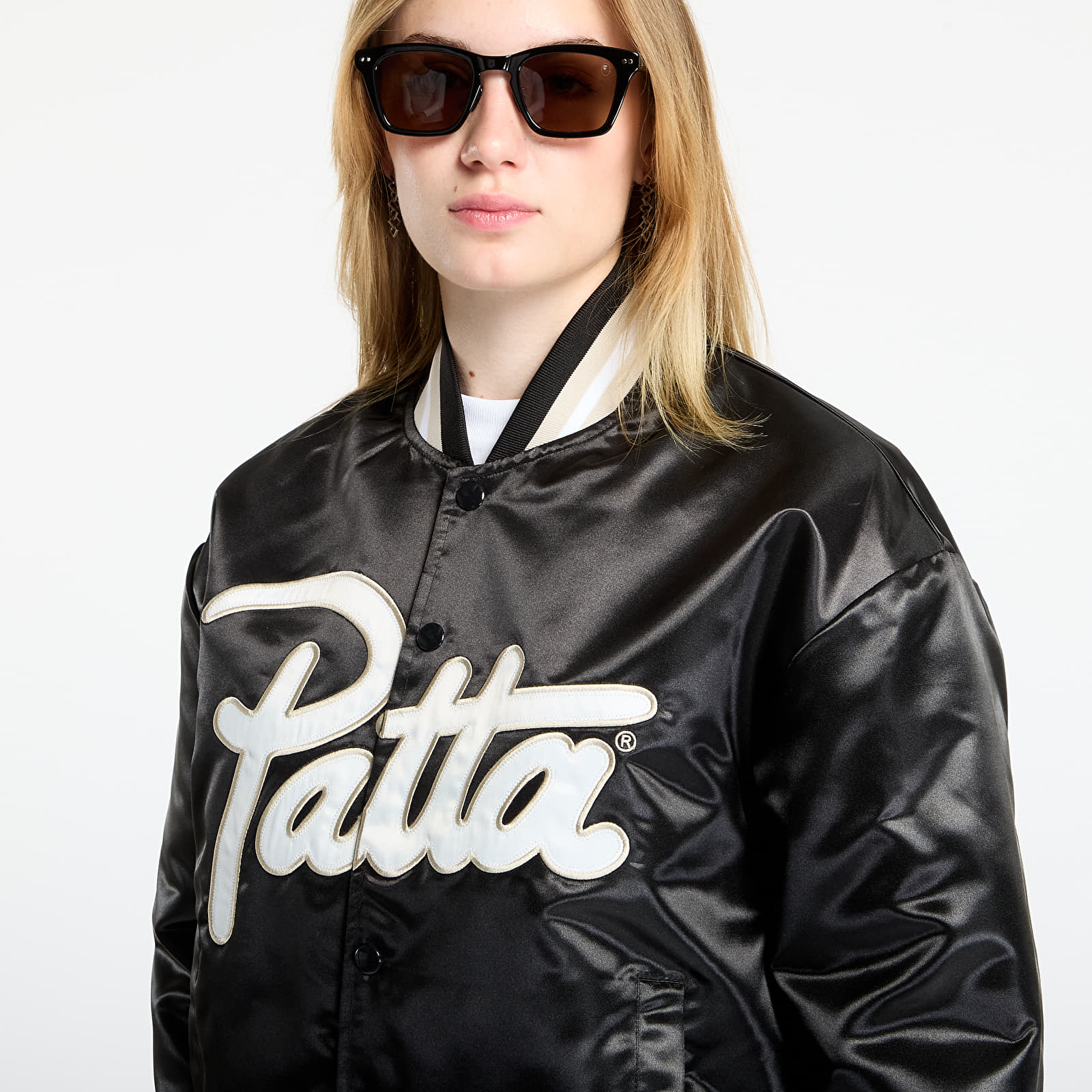 Takit Patta Script Logo Satin Varsity Jacket UNISEX Black