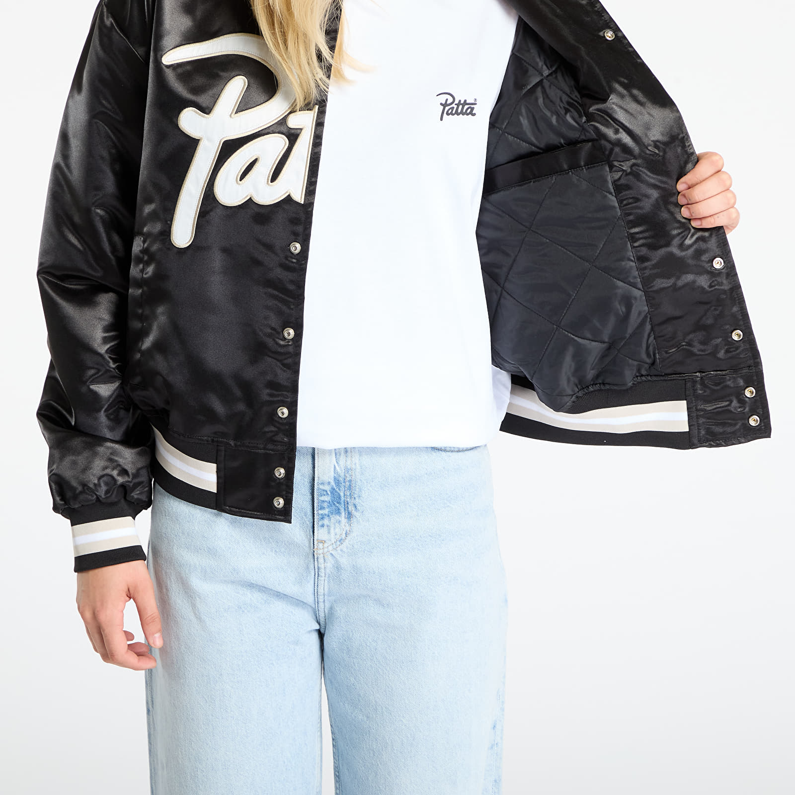 Takit Patta Script Logo Satin Varsity Jacket UNISEX Black