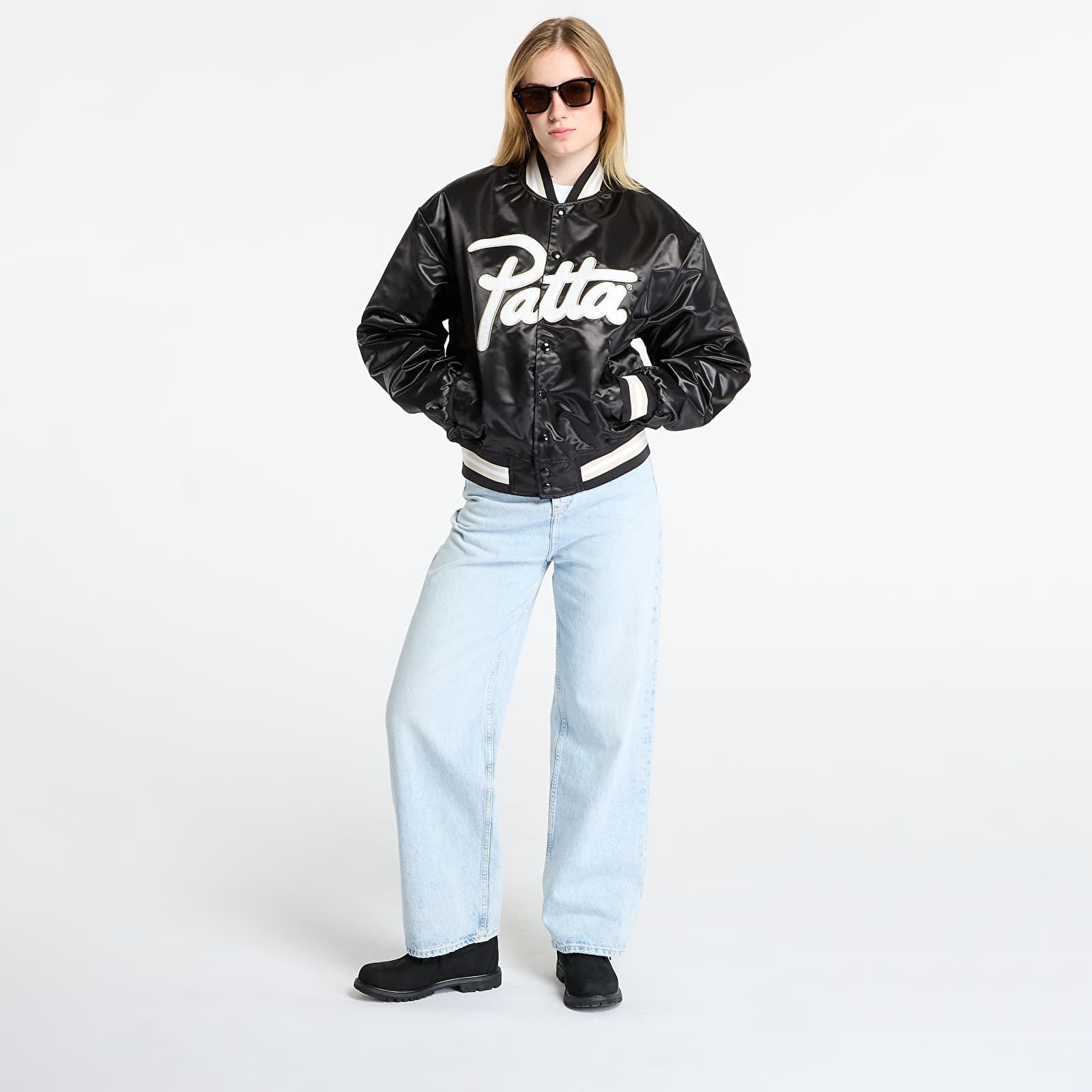 Takit Patta Script Logo Satin Varsity Jacket UNISEX Black