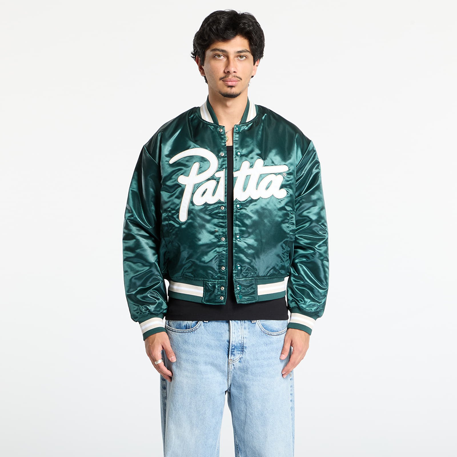 Takit Patta Script Logo Satin Varsity Jacket UNISEX Bistro Green