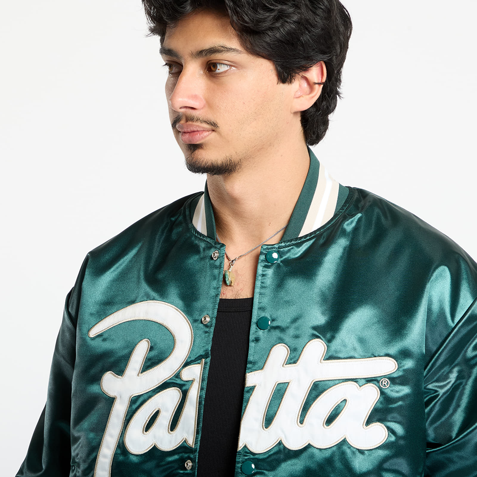 Takit Patta Script Logo Satin Varsity Jacket UNISEX Bistro Green