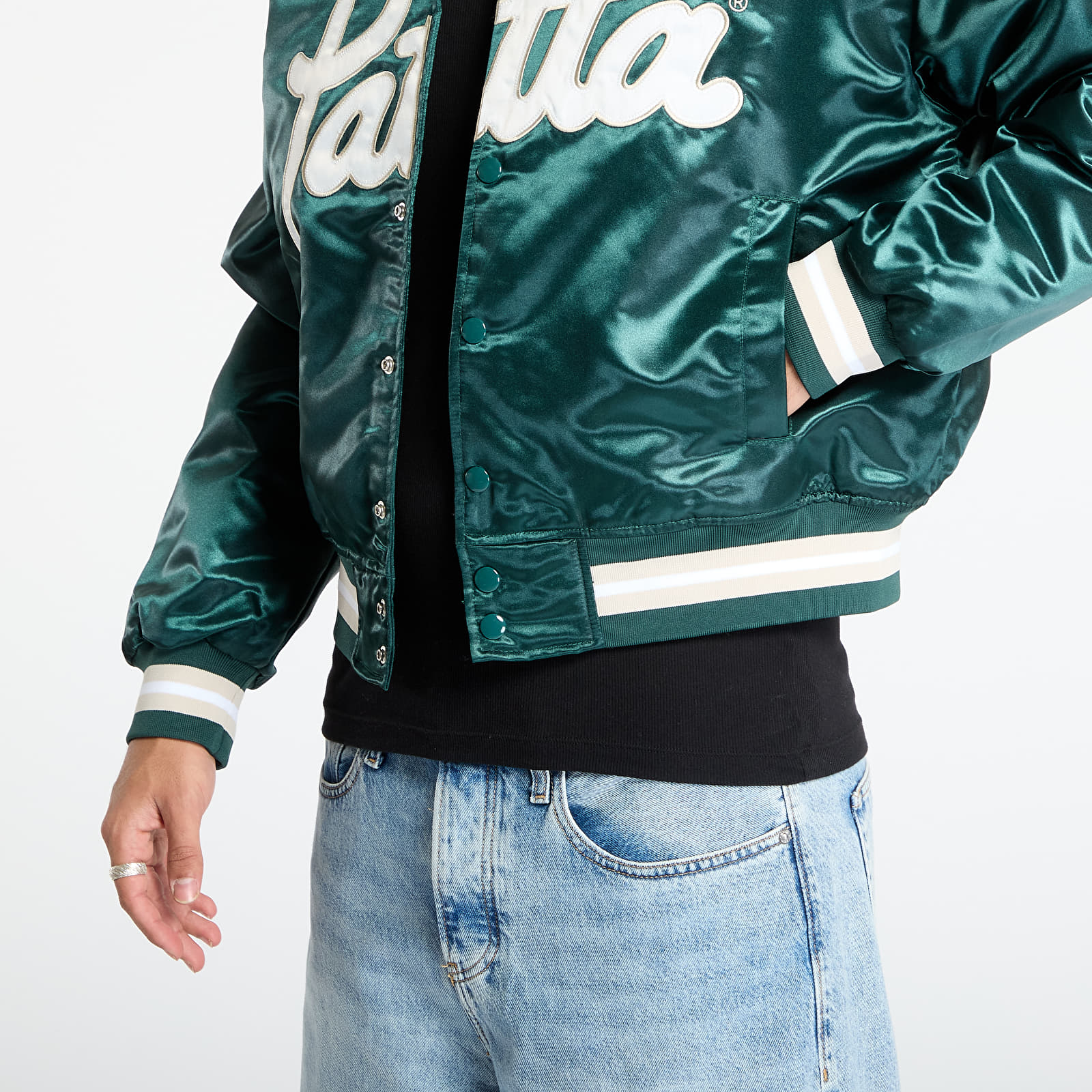 Takit Patta Script Logo Satin Varsity Jacket UNISEX Bistro Green