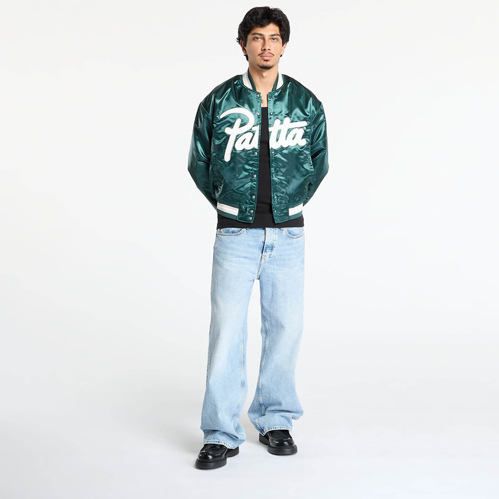 Takit Patta Script Logo Satin Varsity Jacket UNISEX Bistro Green