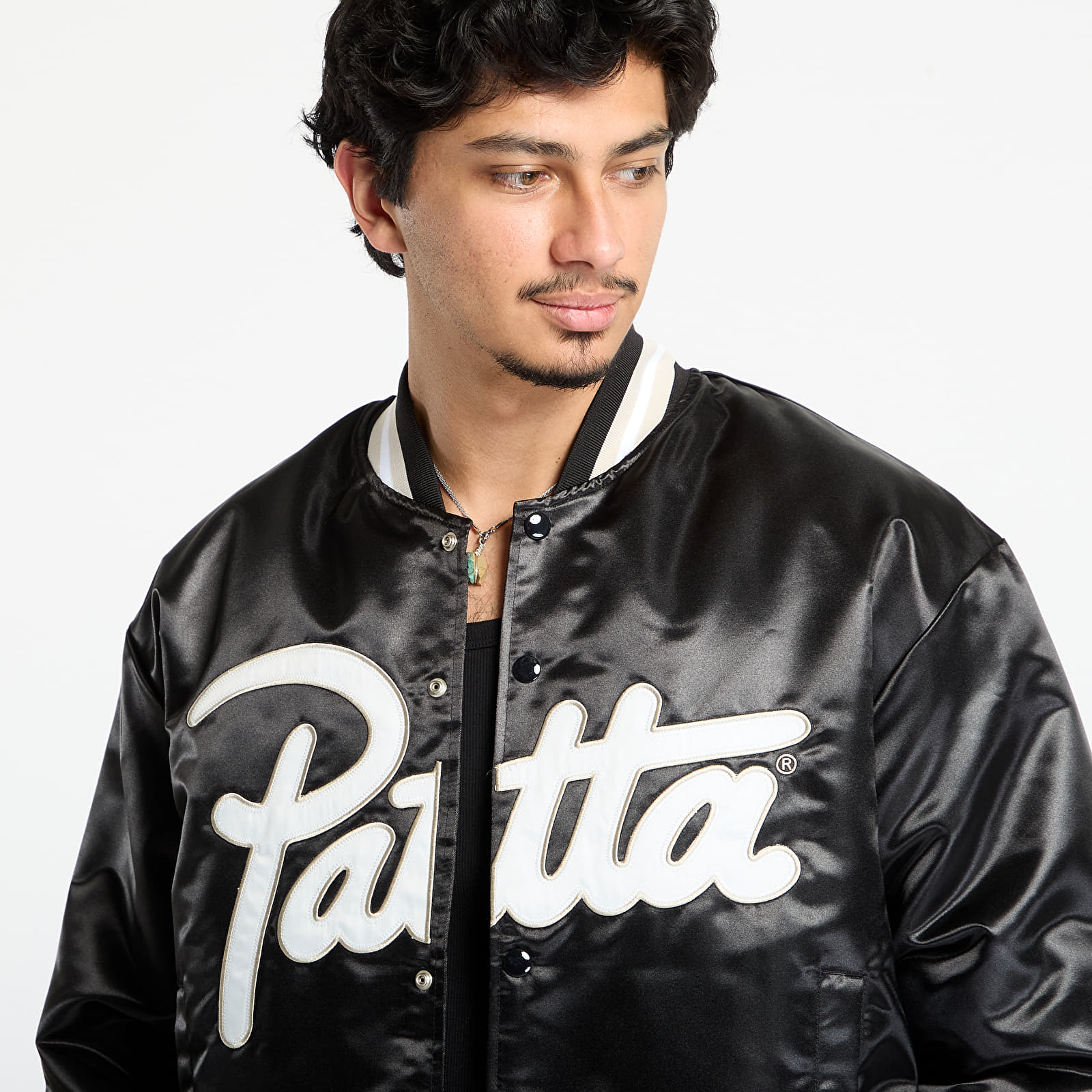 Takit Patta Script Logo Satin Varsity Jacket UNISEX Black