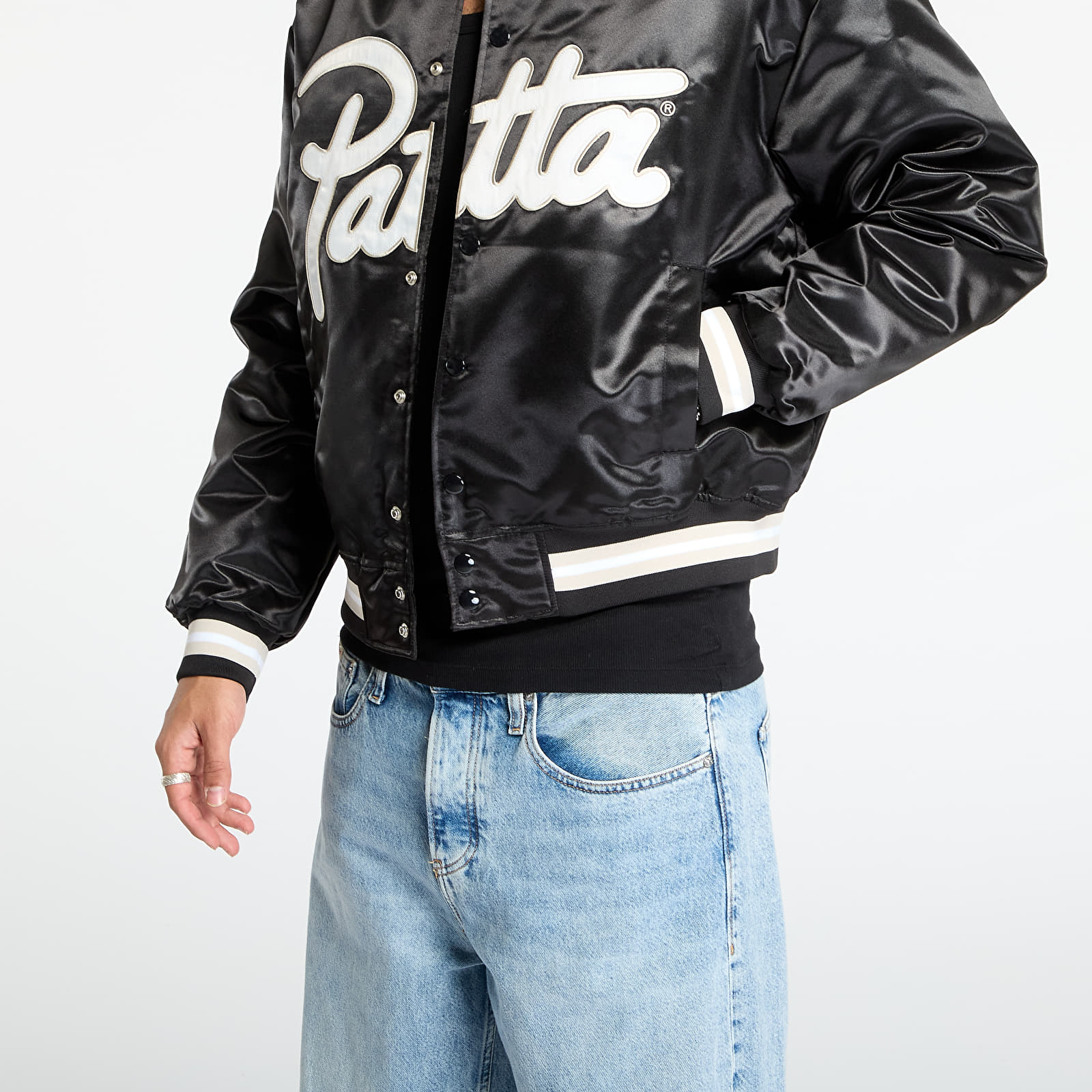 Takit Patta Script Logo Satin Varsity Jacket UNISEX Black