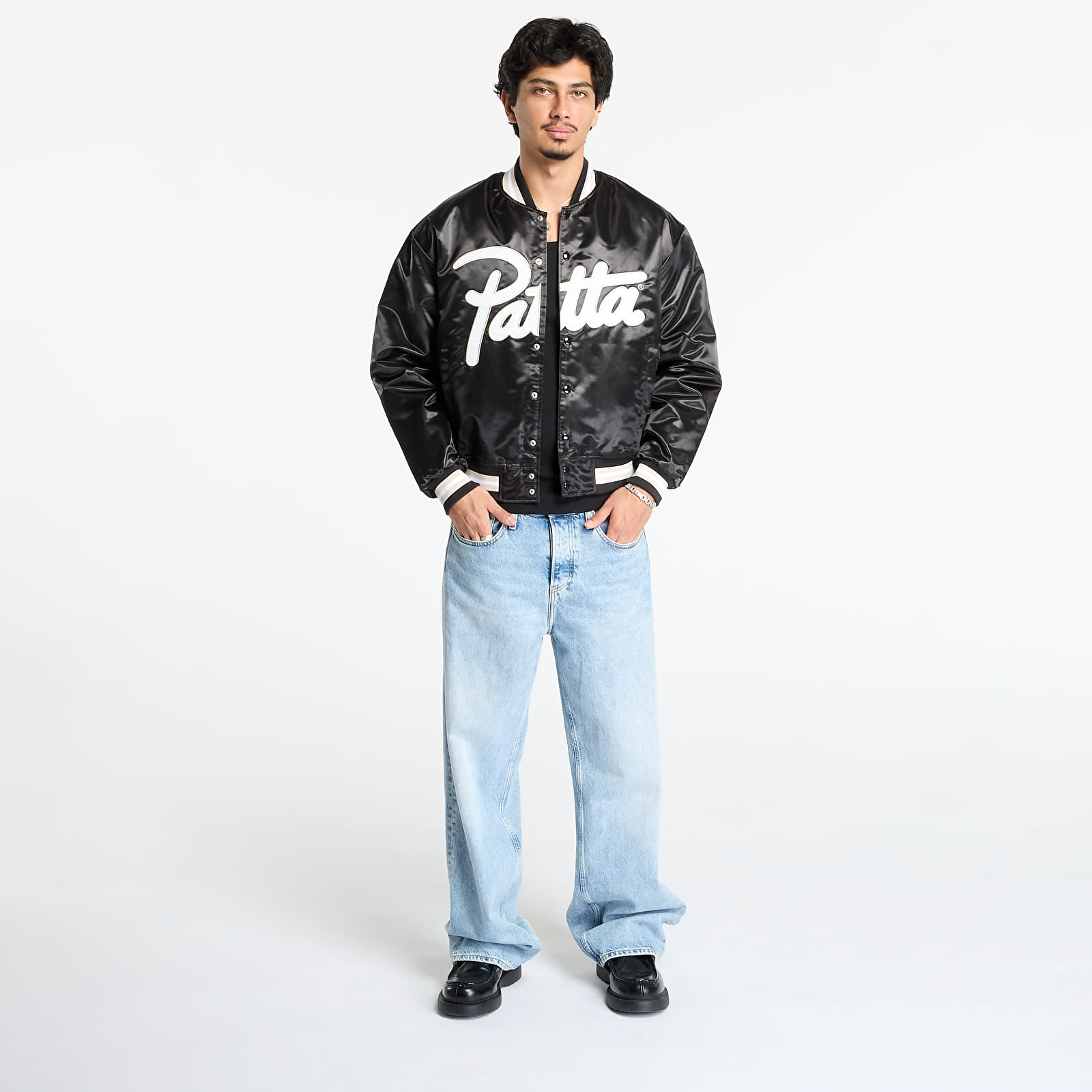 Takit Patta Script Logo Satin Varsity Jacket UNISEX Black