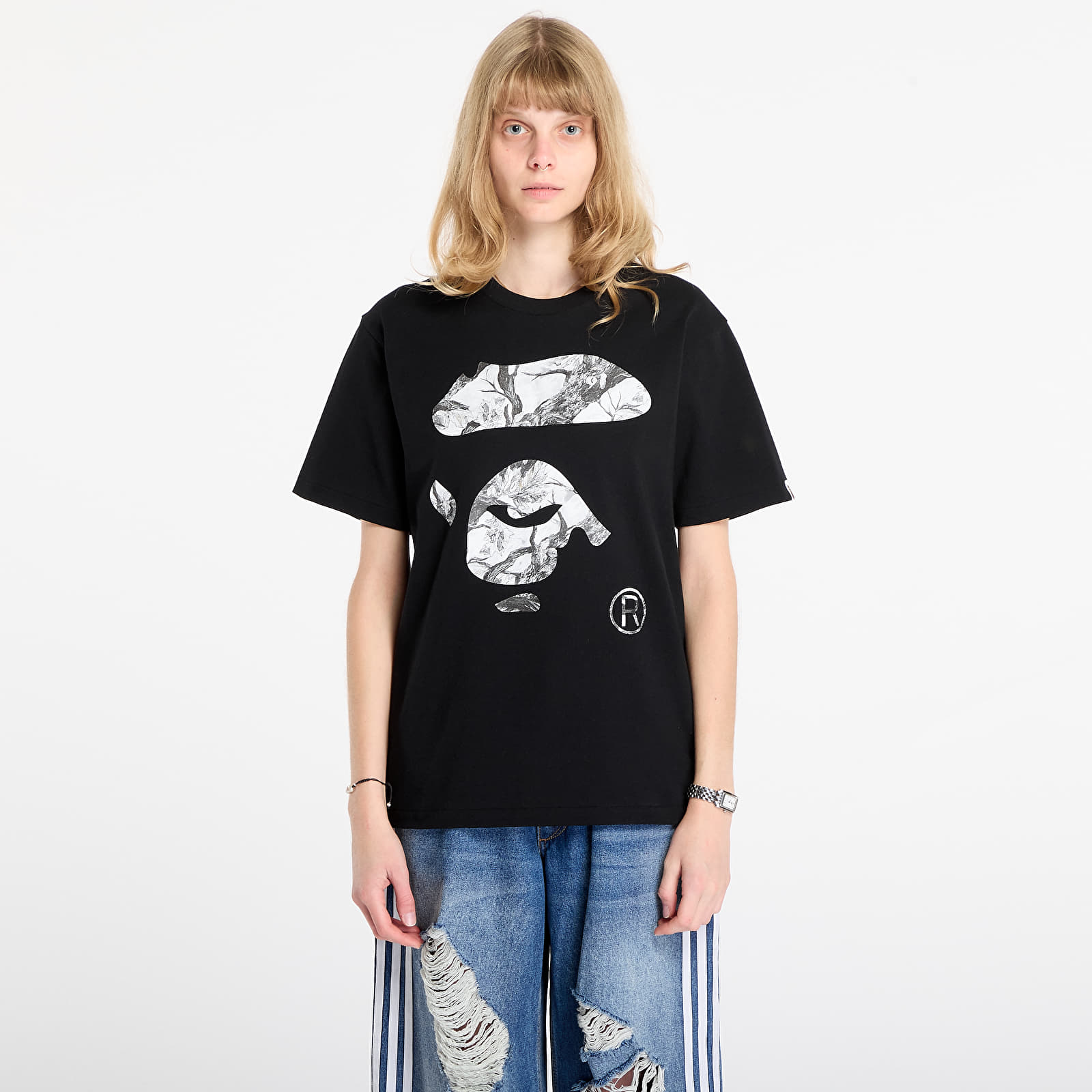 T-shirts de homem A BATHING APE Tree Edge Camo Ape Face Tee UNISEX Black/ White