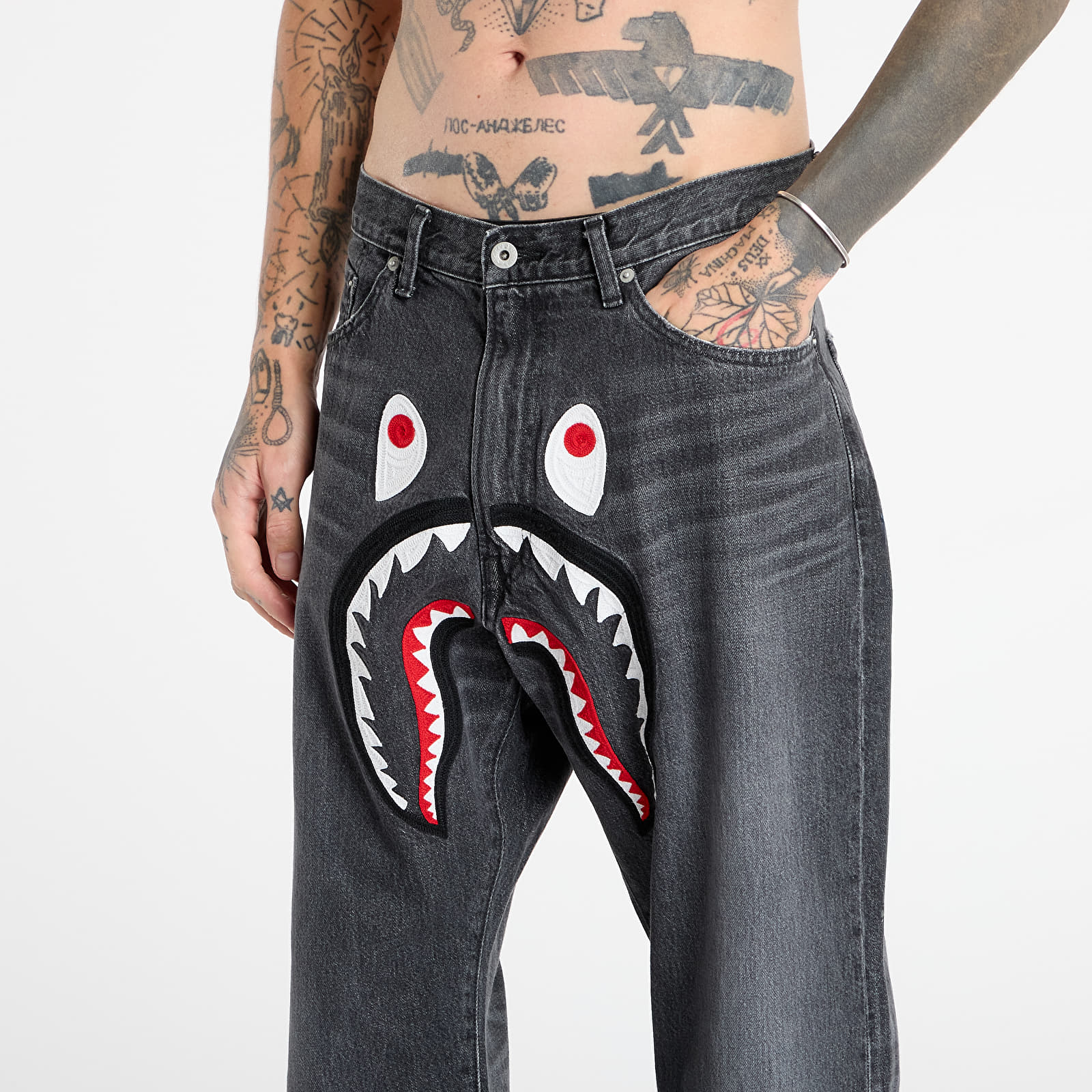Vaqueros para hombre A BATHING APE Shark Loose Fit 13 Oz Denim Pants UNISEX Black