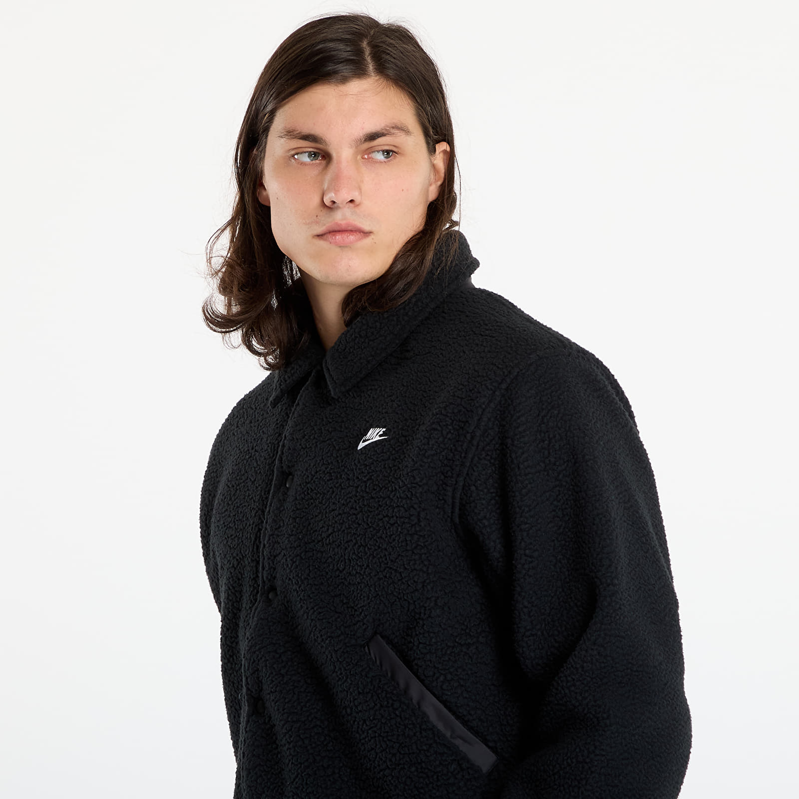 Pánské bundy Nike Sportswear Club Men's High-Pile Fleece Coaches Jacket Black/ White