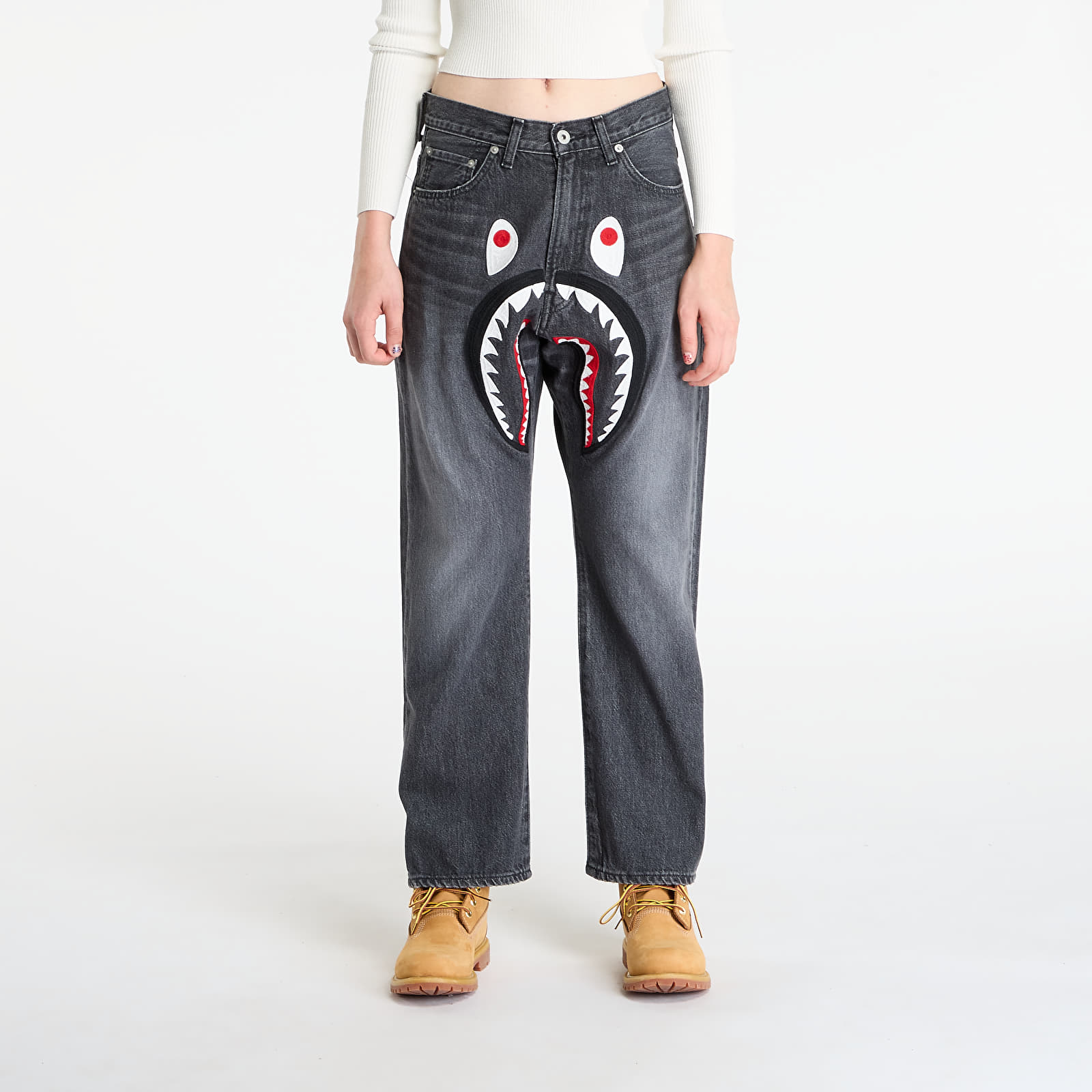 Calças de ganga para homem A BATHING APE Shark Loose Fit 13 Oz Denim Pants UNISEX Black